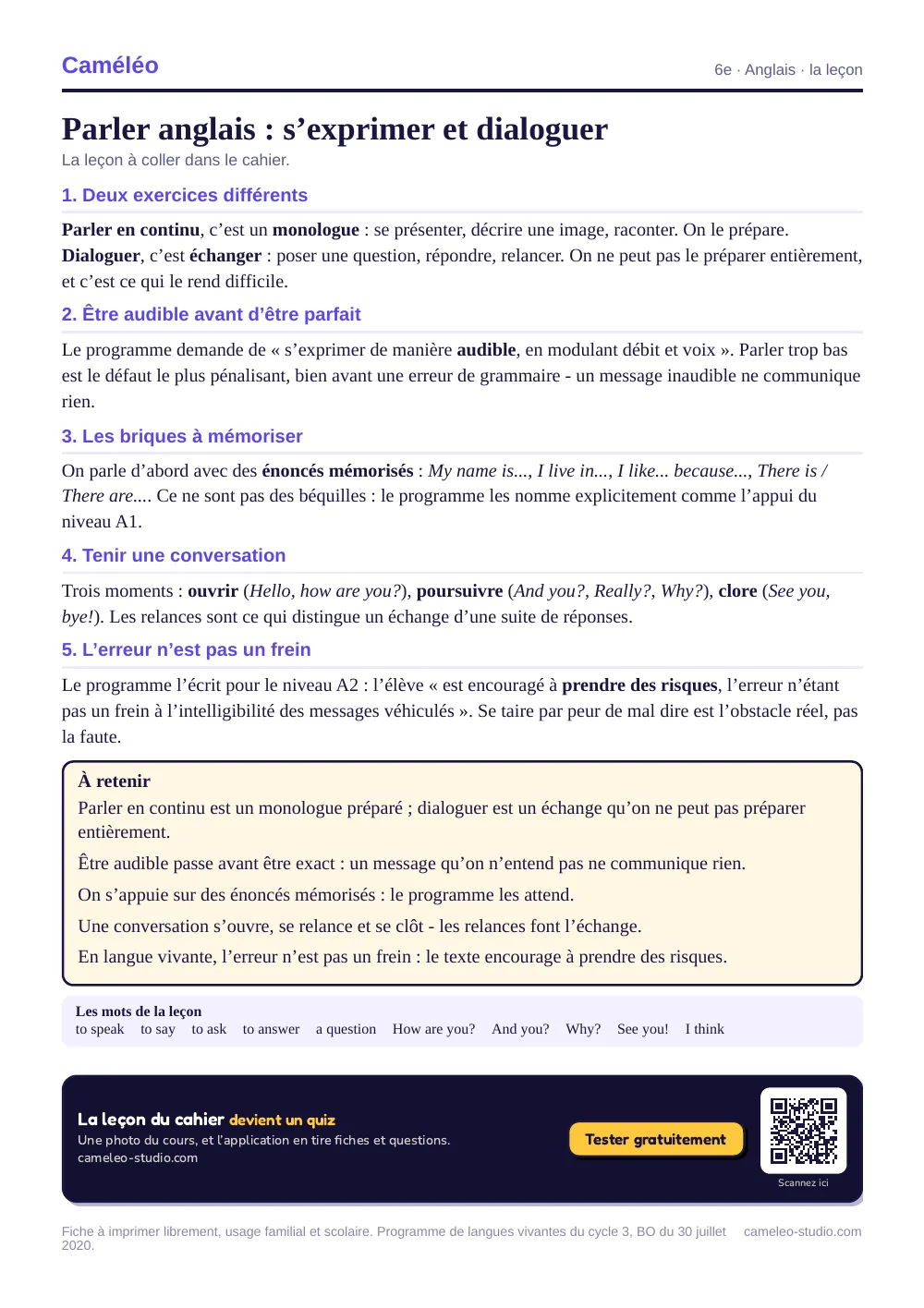 La leçon à imprimer : La leçon à coller dans le cahier, 6e
