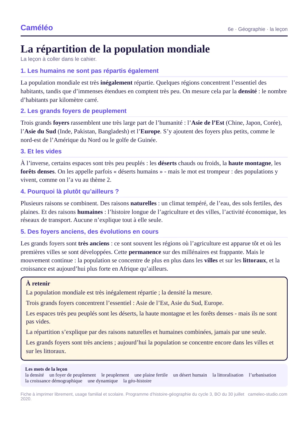 La leçon à imprimer : La leçon à coller dans le cahier, 6e