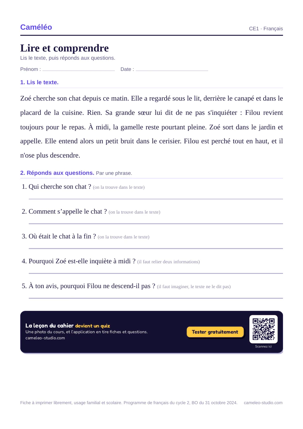 Fiche à imprimer : Lire et comprendre, CE1
