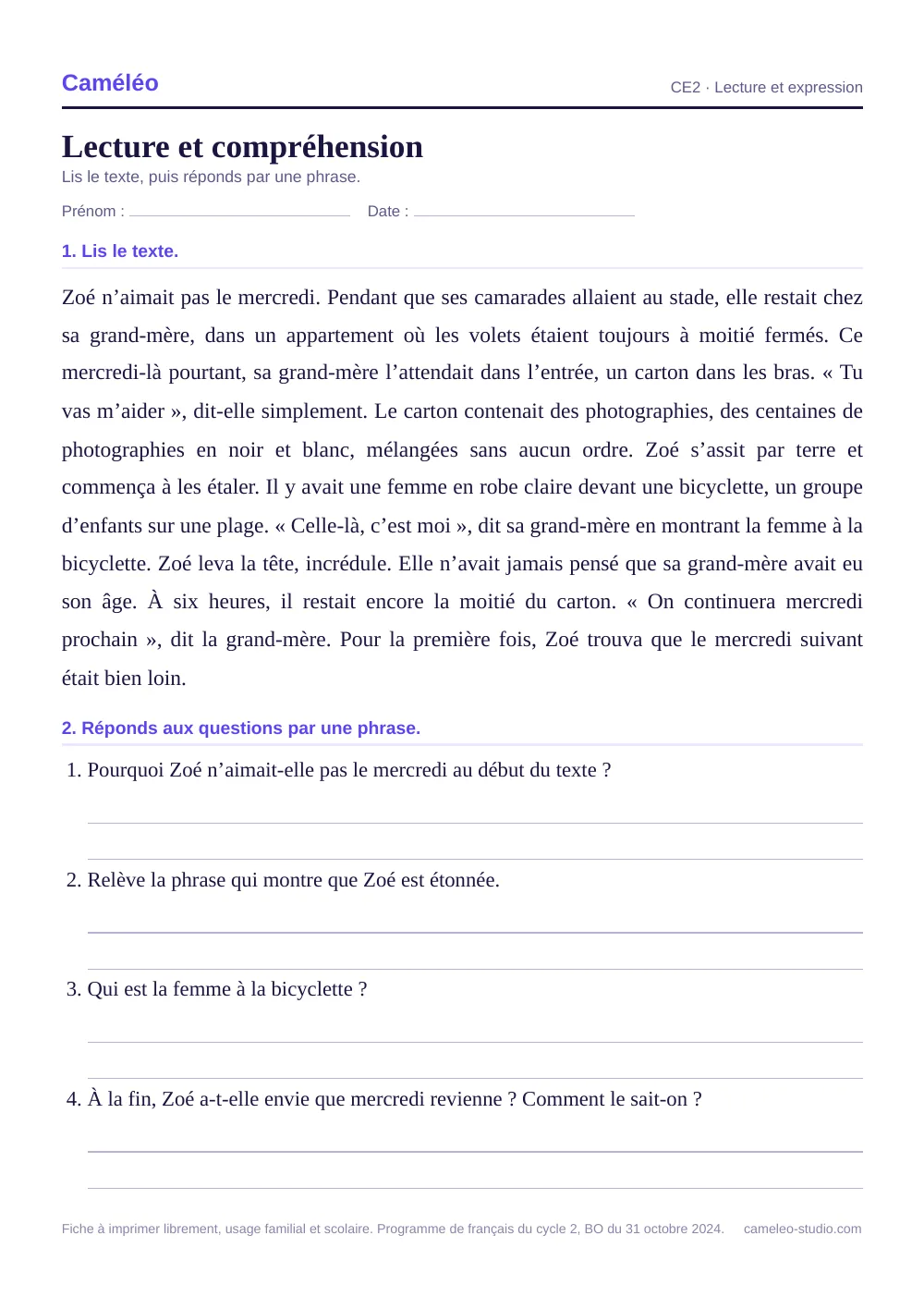 Fiche à imprimer : Lecture et compréhension CE2