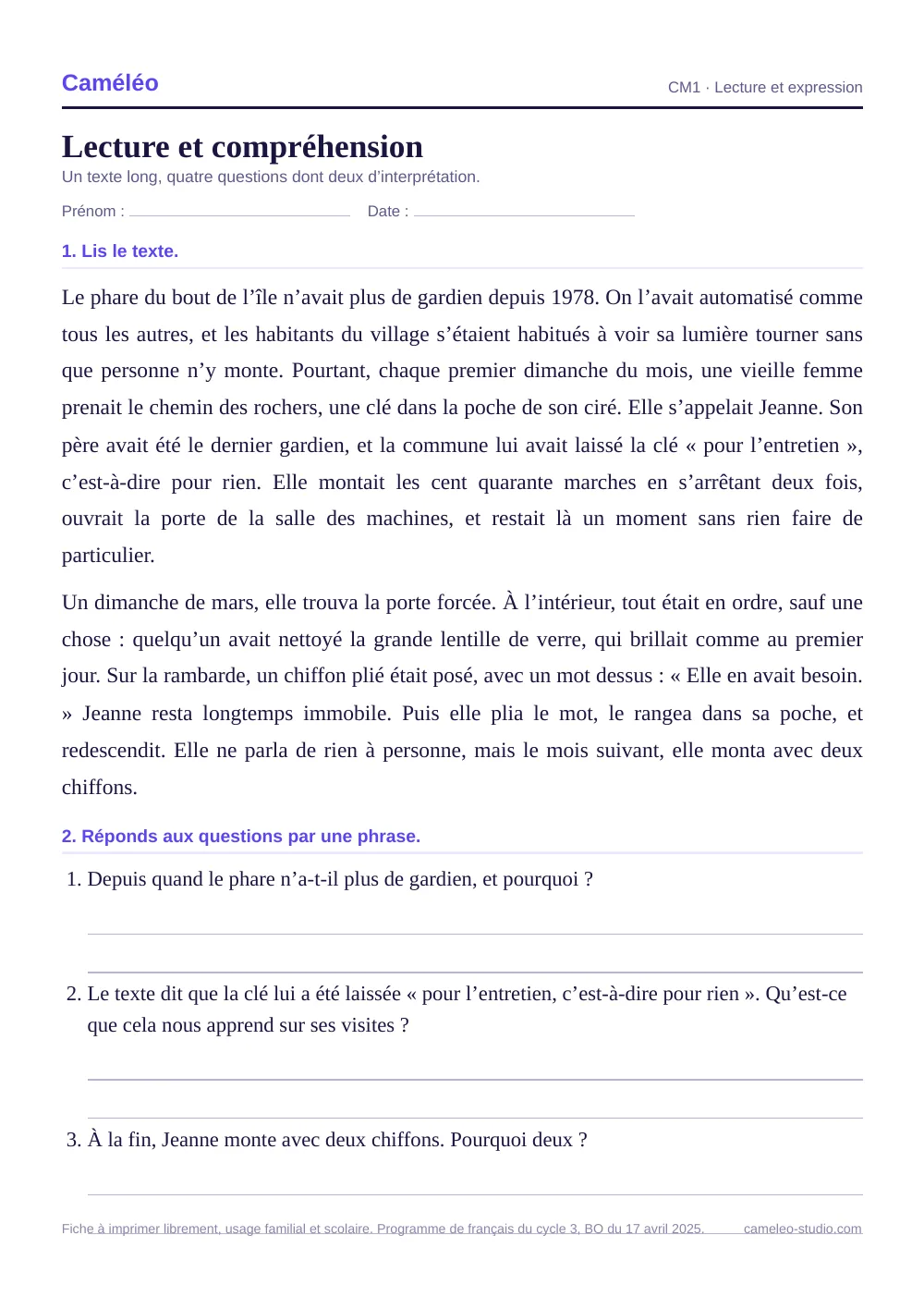 Fiche à imprimer : Lecture et compréhension CM1