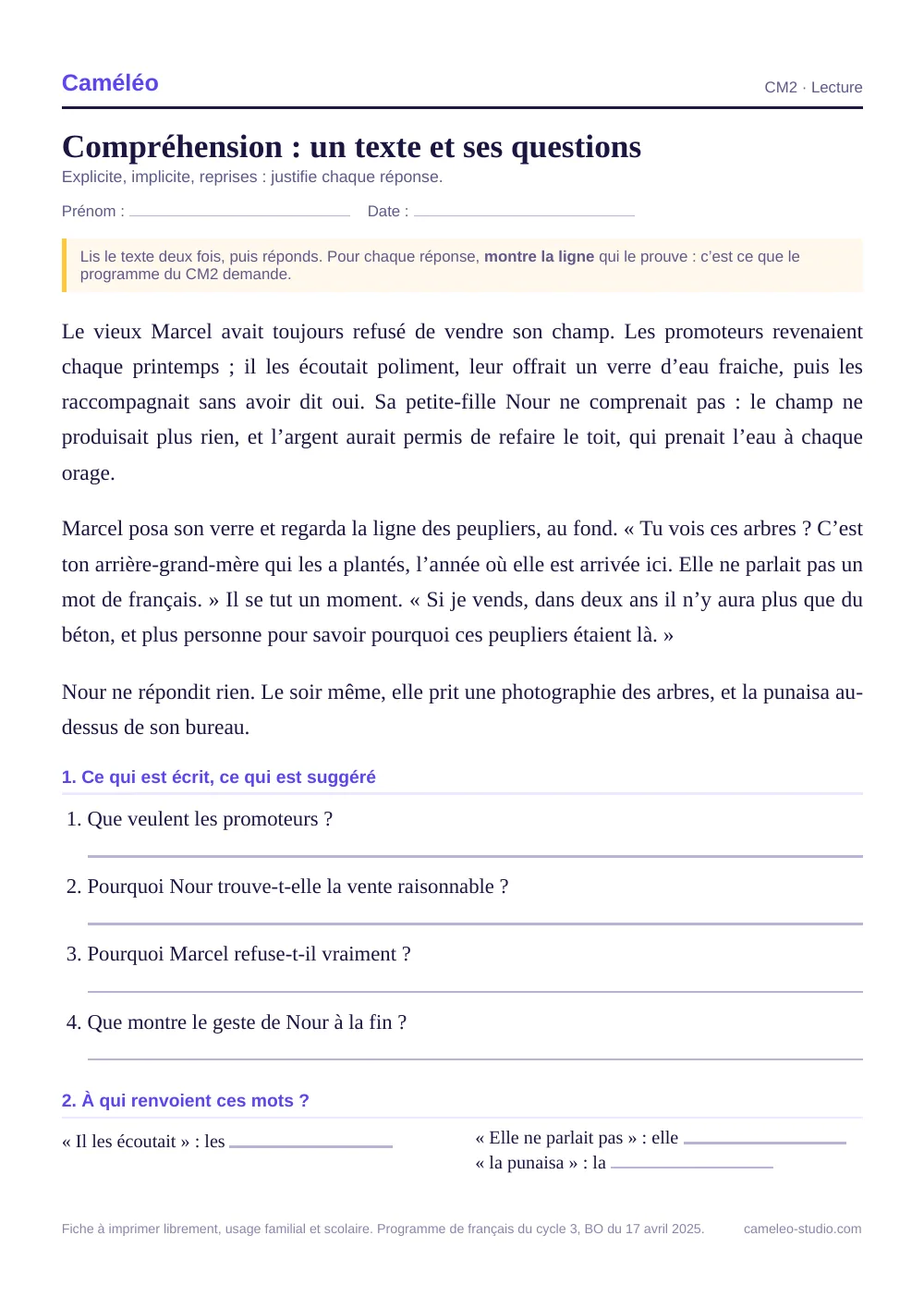 Fiche à imprimer : Compréhension CM2 : un texte et ses questions