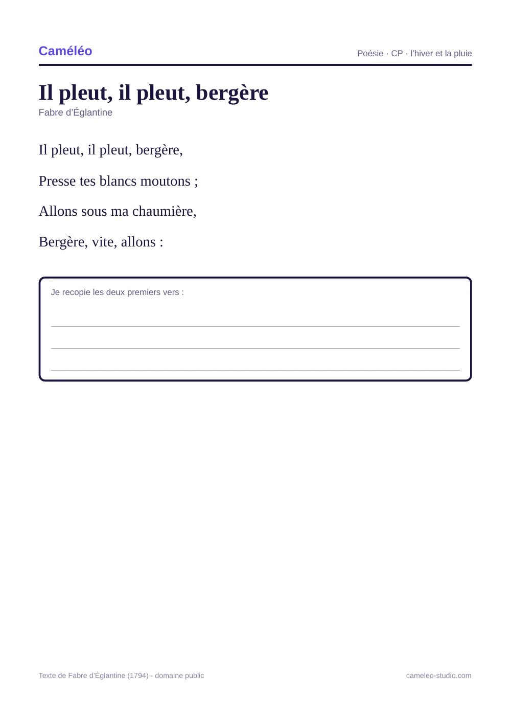 Fiche à imprimer : Il pleut, il pleut, bergère à réciter au CP