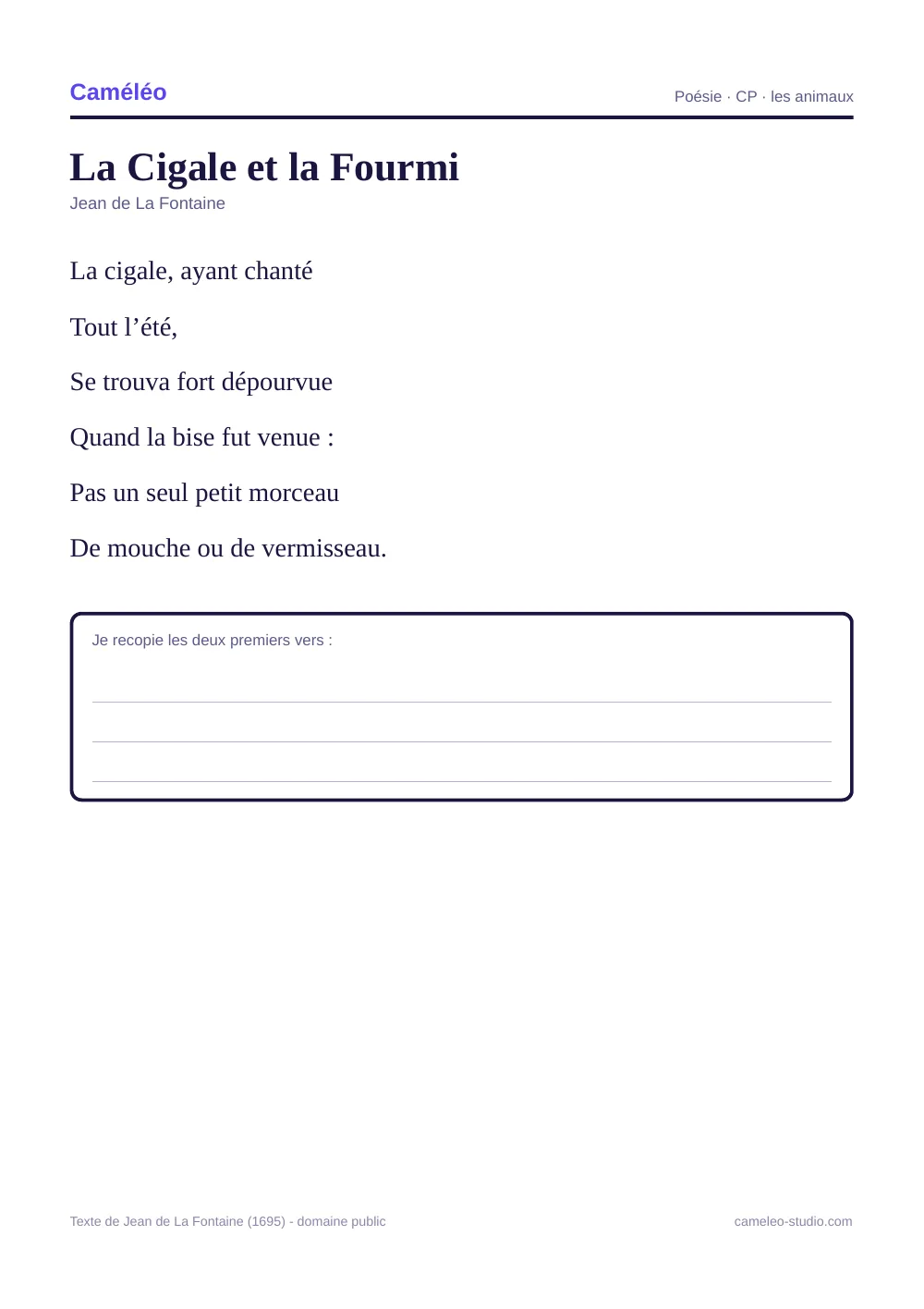 Fiche à imprimer : La Cigale et la Fourmi à réciter au CP