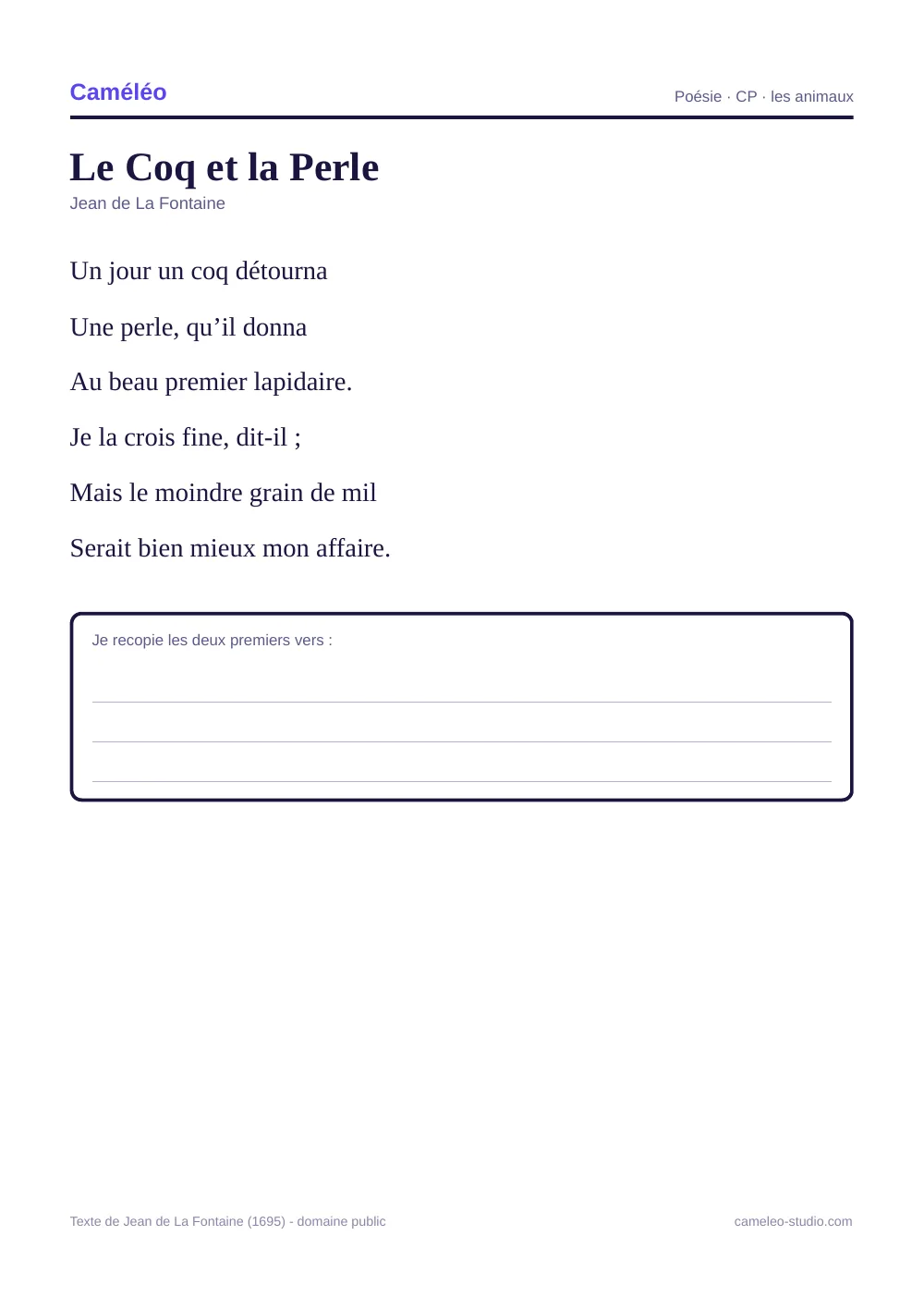 Fiche à imprimer : Le Coq et la Perle à réciter au CP