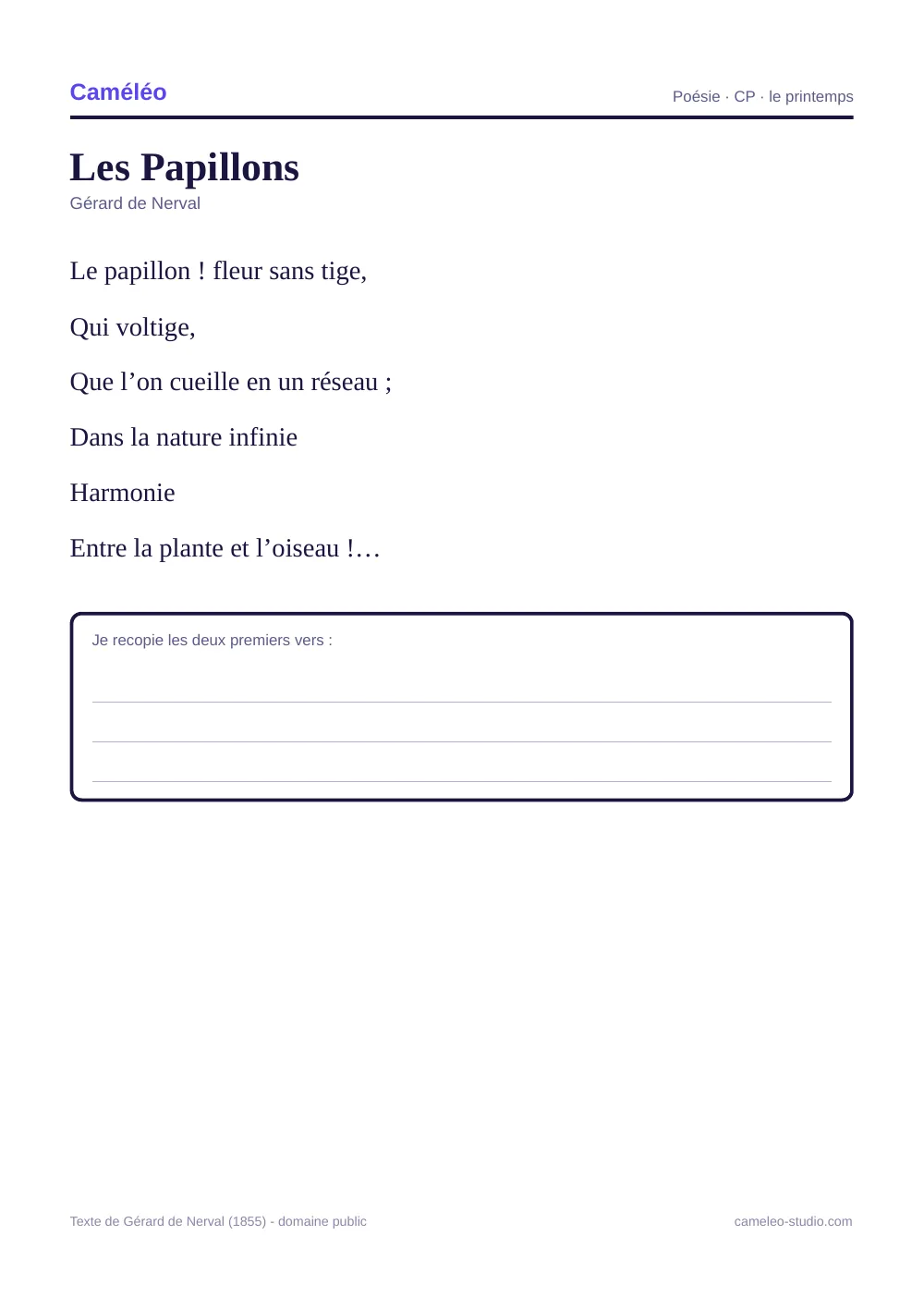 Fiche à imprimer : Les Papillons à réciter au CP