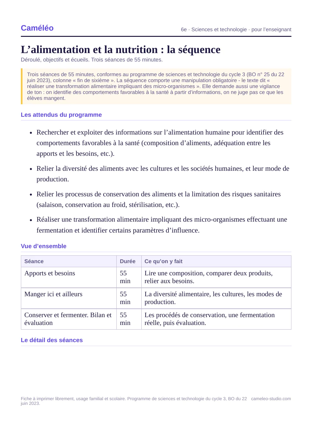 Séquence pour l’enseignant : La séquence complète, séance par séance, 6e