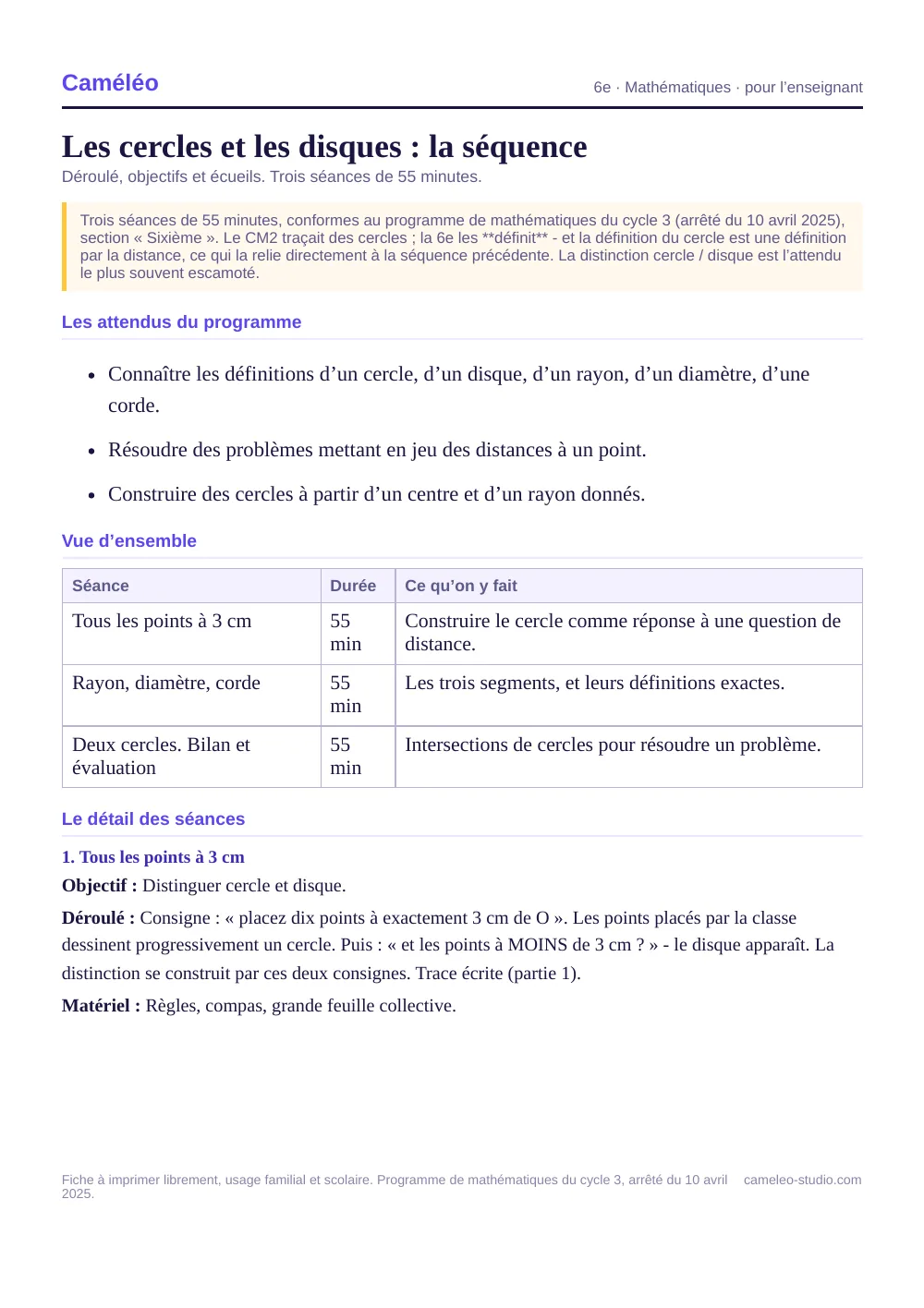 Séquence pour l’enseignant : La séquence complète, séance par séance, 6e