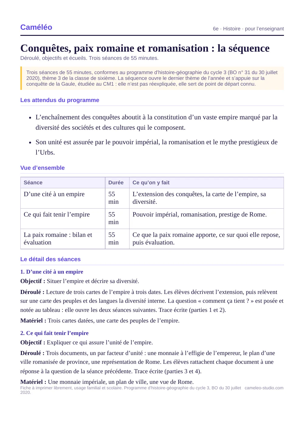 Séquence pour l’enseignant : La séquence complète, séance par séance, 6e