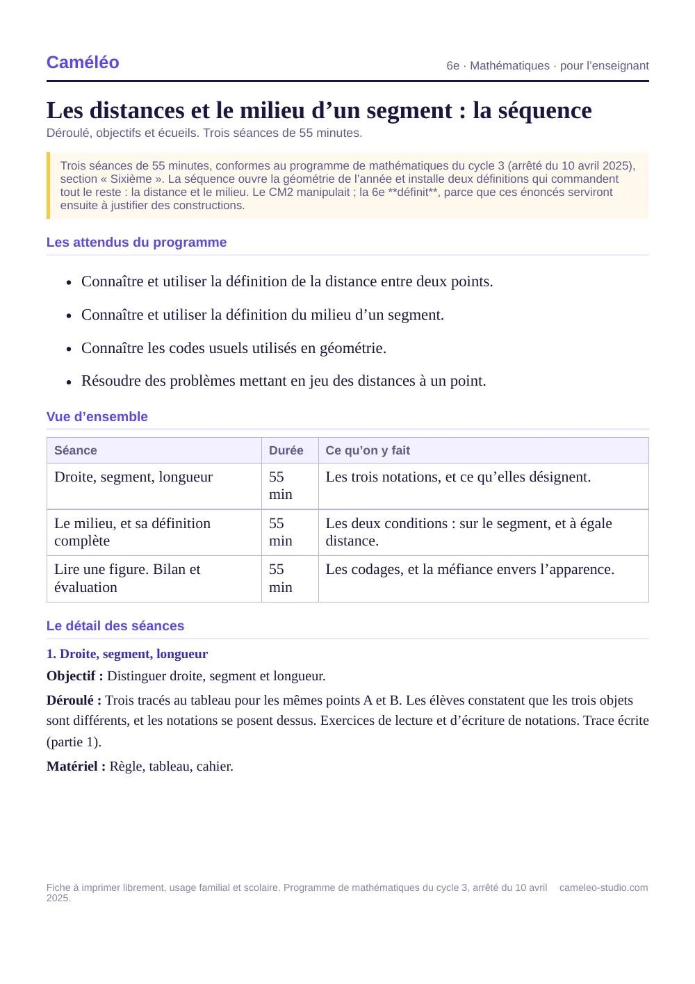 Séquence pour l’enseignant : La séquence complète, séance par séance, 6e