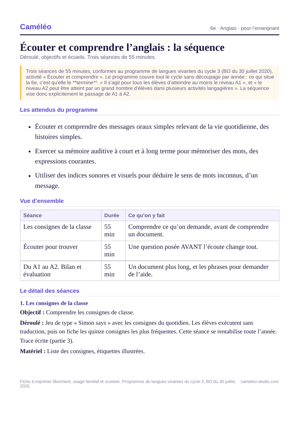 Séquence pour l’enseignant : La séquence complète, séance par séance, 6e