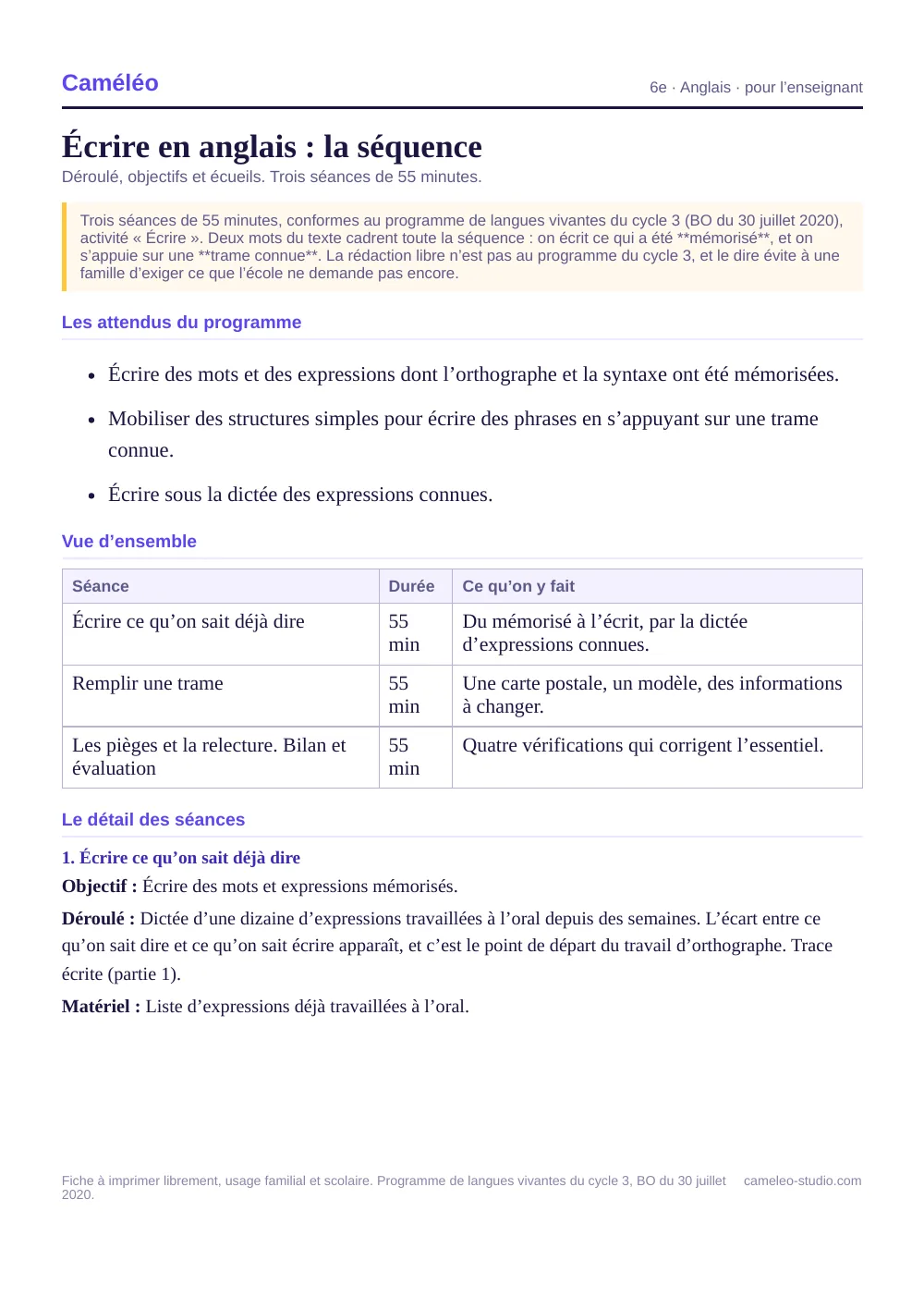 Séquence pour l’enseignant : La séquence complète, séance par séance, 6e