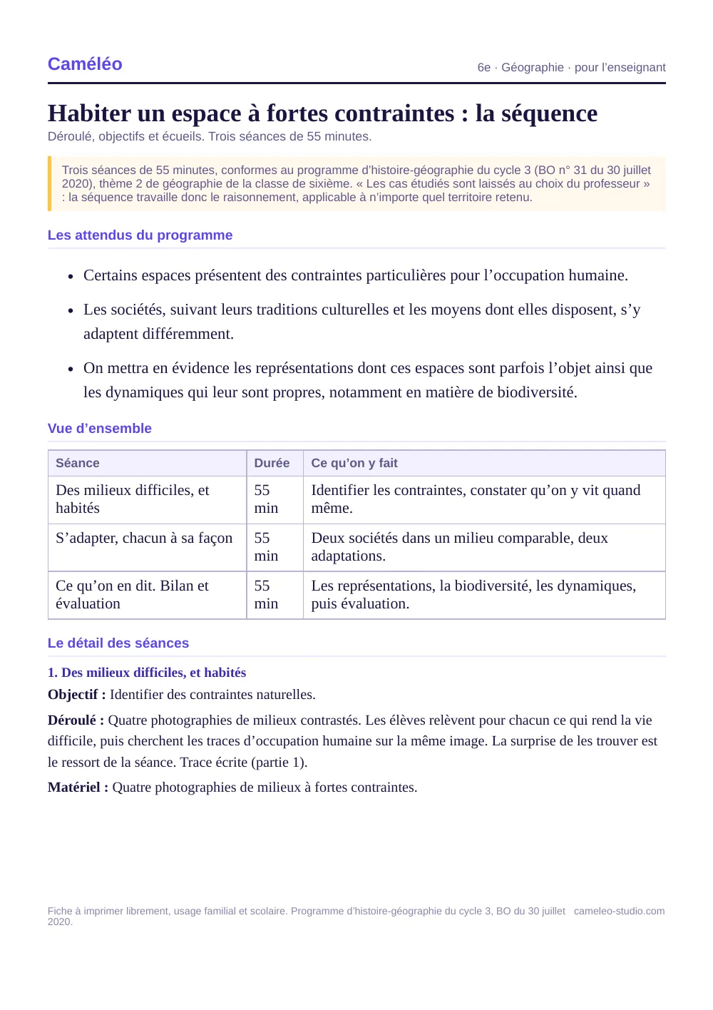 Séquence pour l’enseignant : La séquence complète, séance par séance, 6e