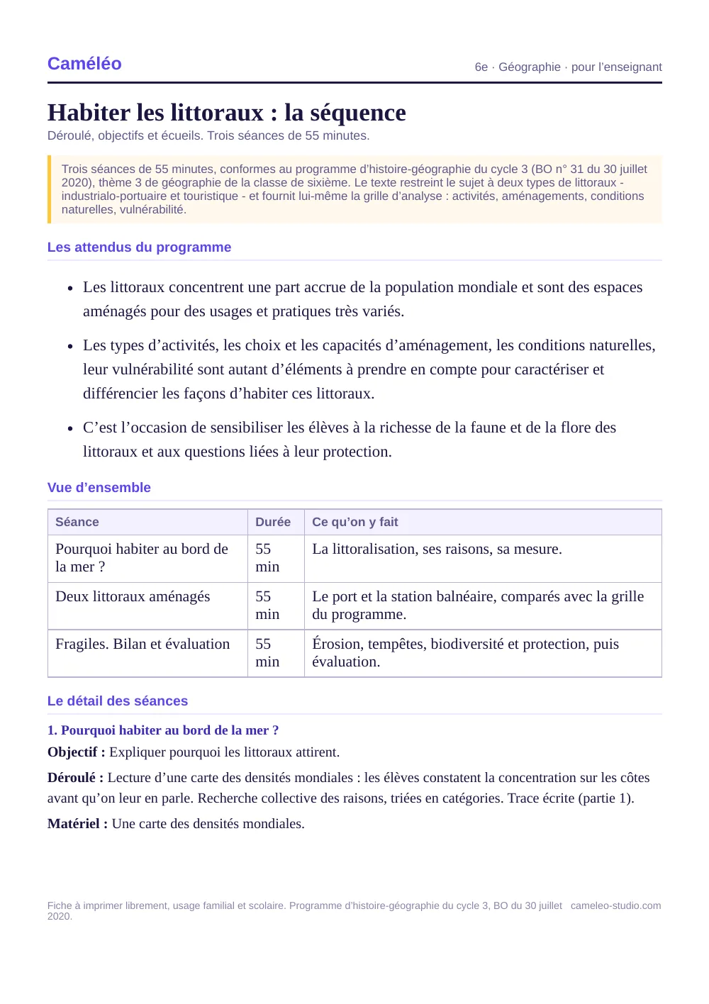 Séquence pour l’enseignant : La séquence complète, séance par séance, 6e