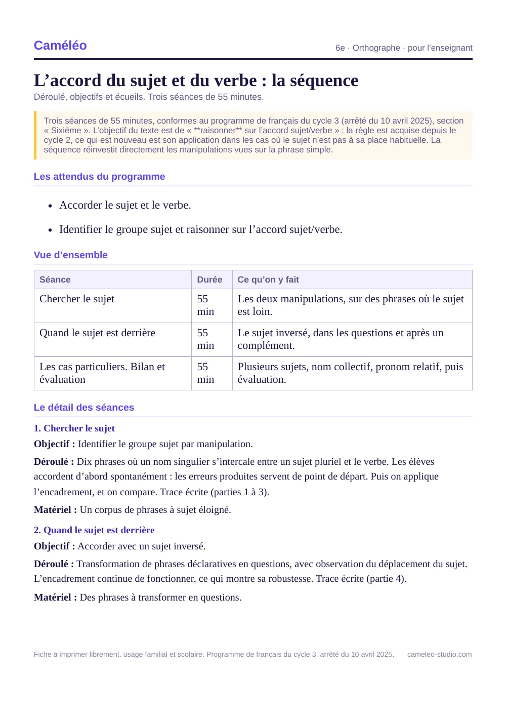 Séquence pour l’enseignant : La séquence complète, séance par séance, 6e
