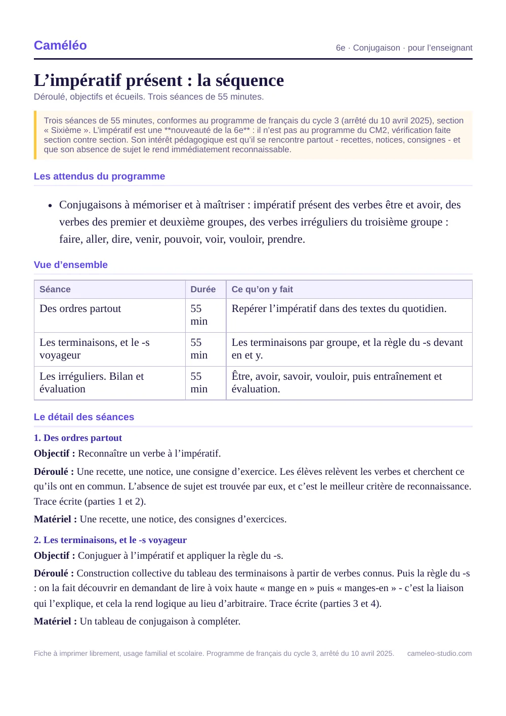 Séquence pour l’enseignant : La séquence complète, séance par séance, 6e