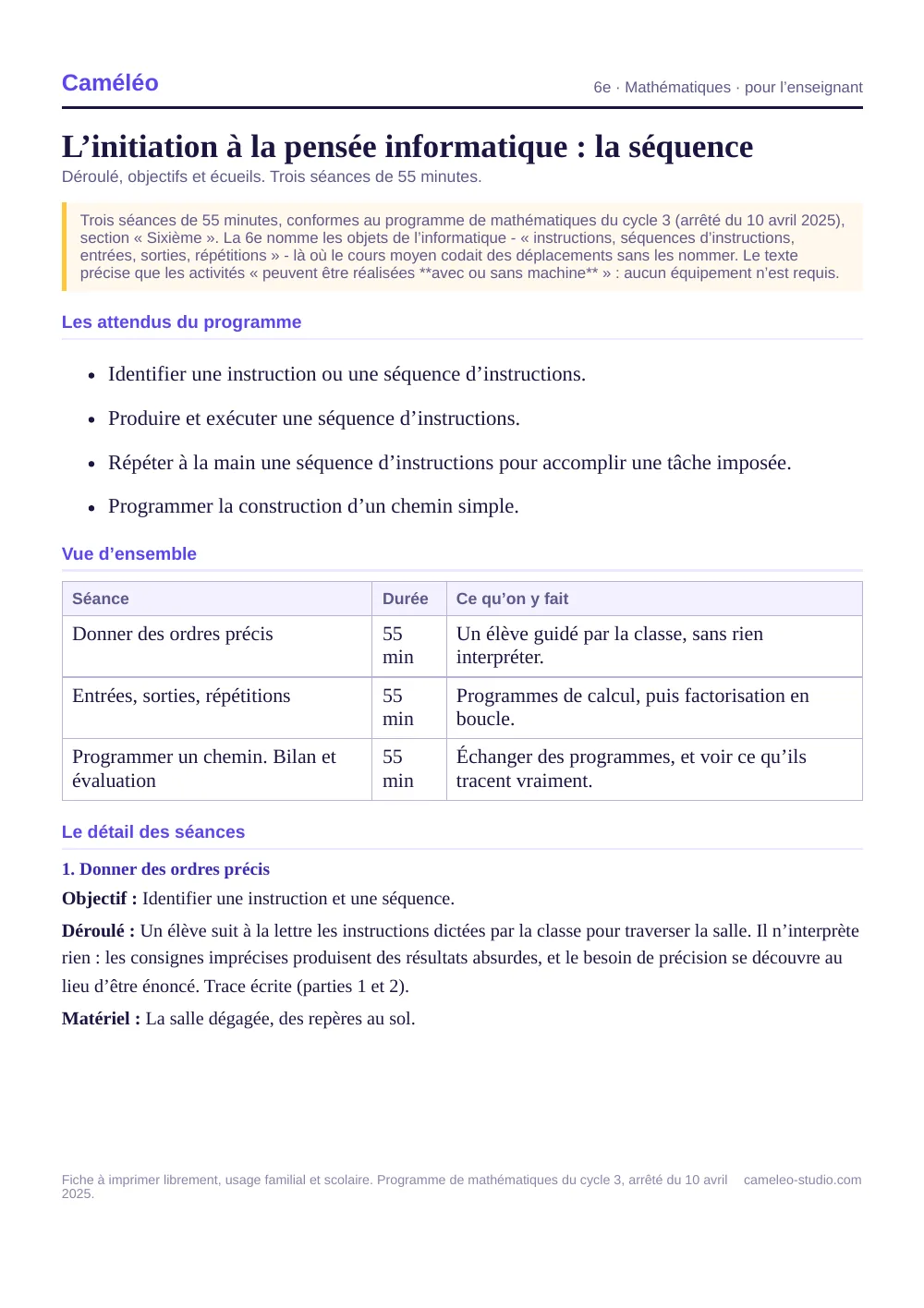 Séquence pour l’enseignant : La séquence complète, séance par séance, 6e