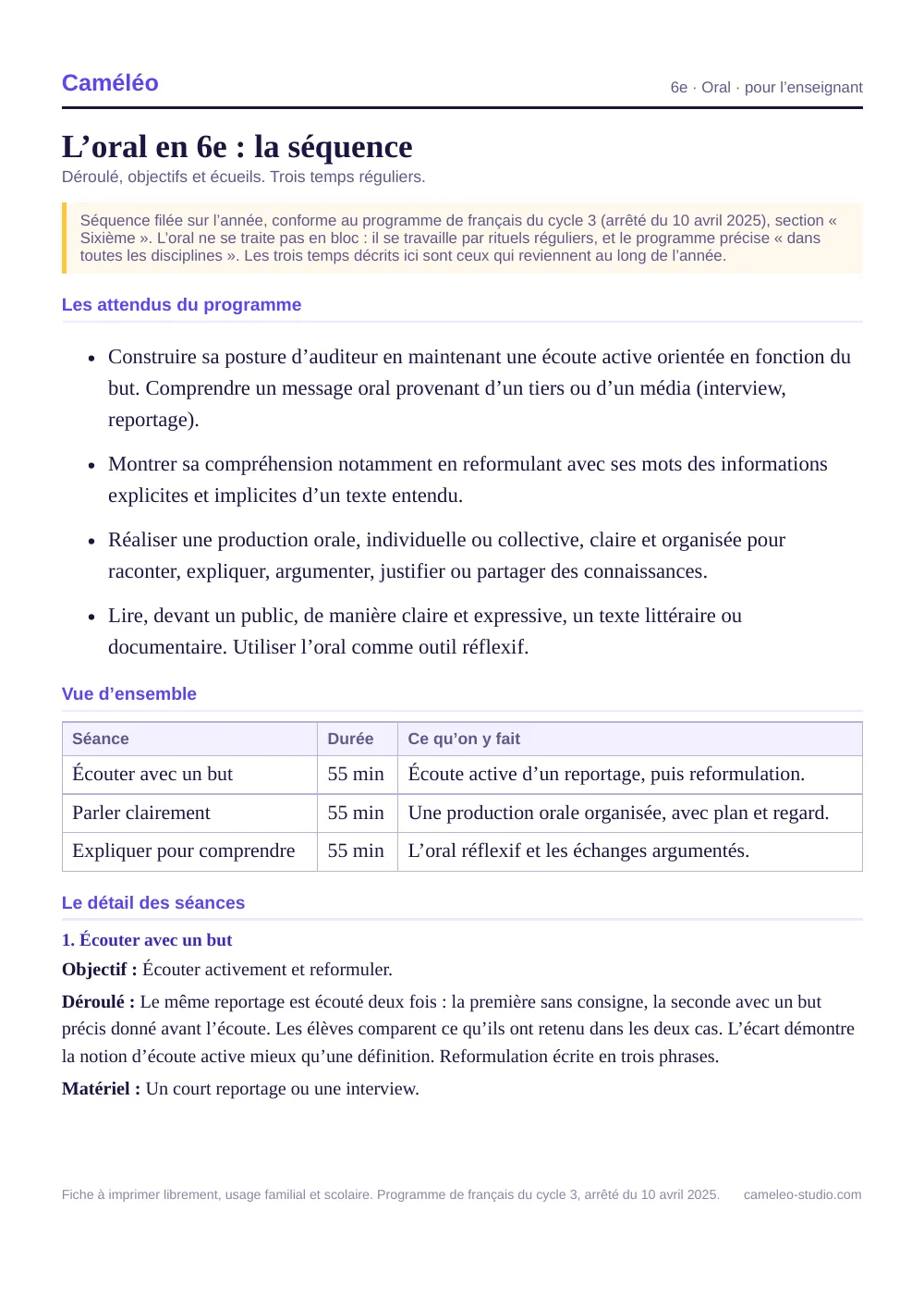 Séquence pour l’enseignant : La séquence complète, séance par séance, 6e