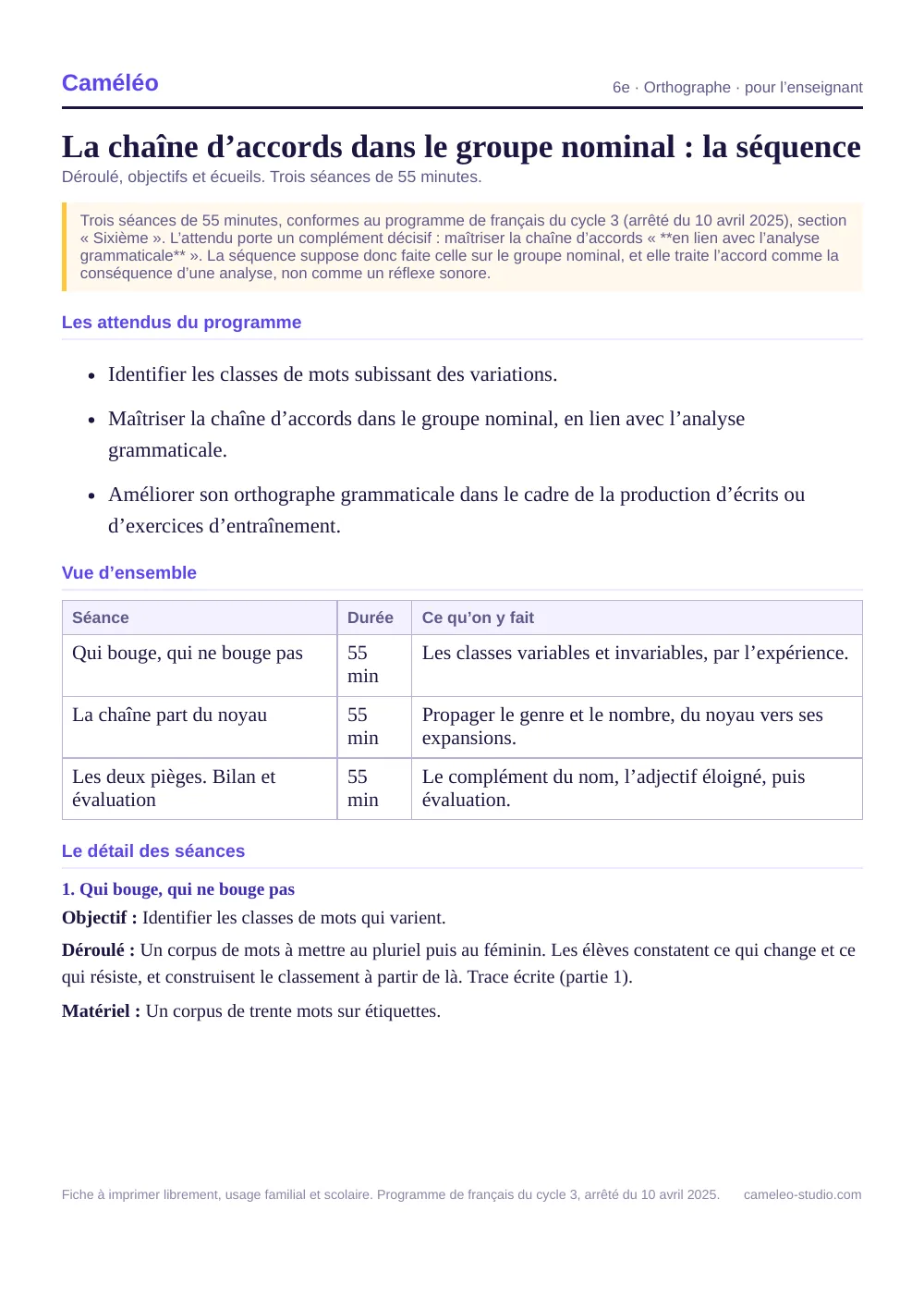 Séquence pour l’enseignant : La séquence complète, séance par séance, 6e