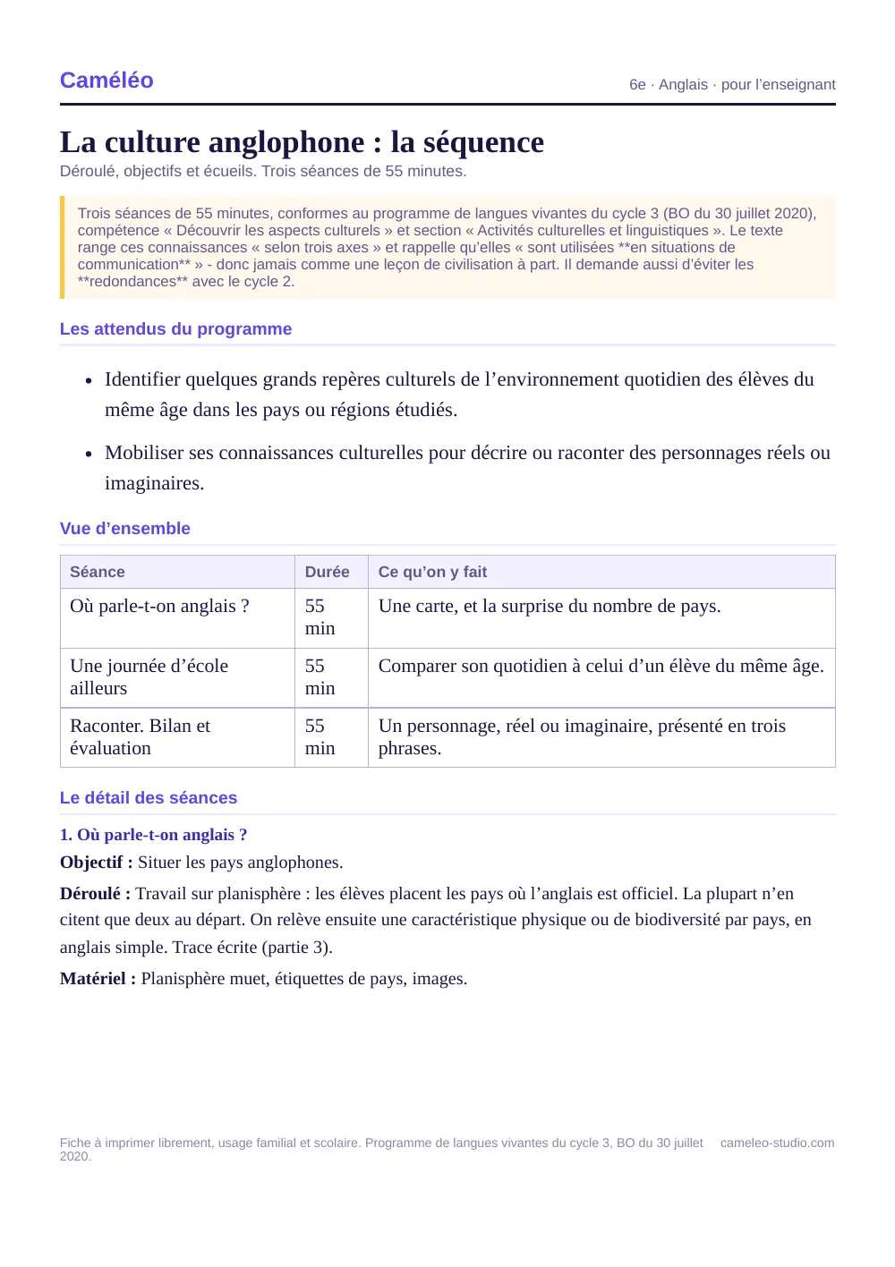Séquence pour l’enseignant : La séquence complète, séance par séance, 6e