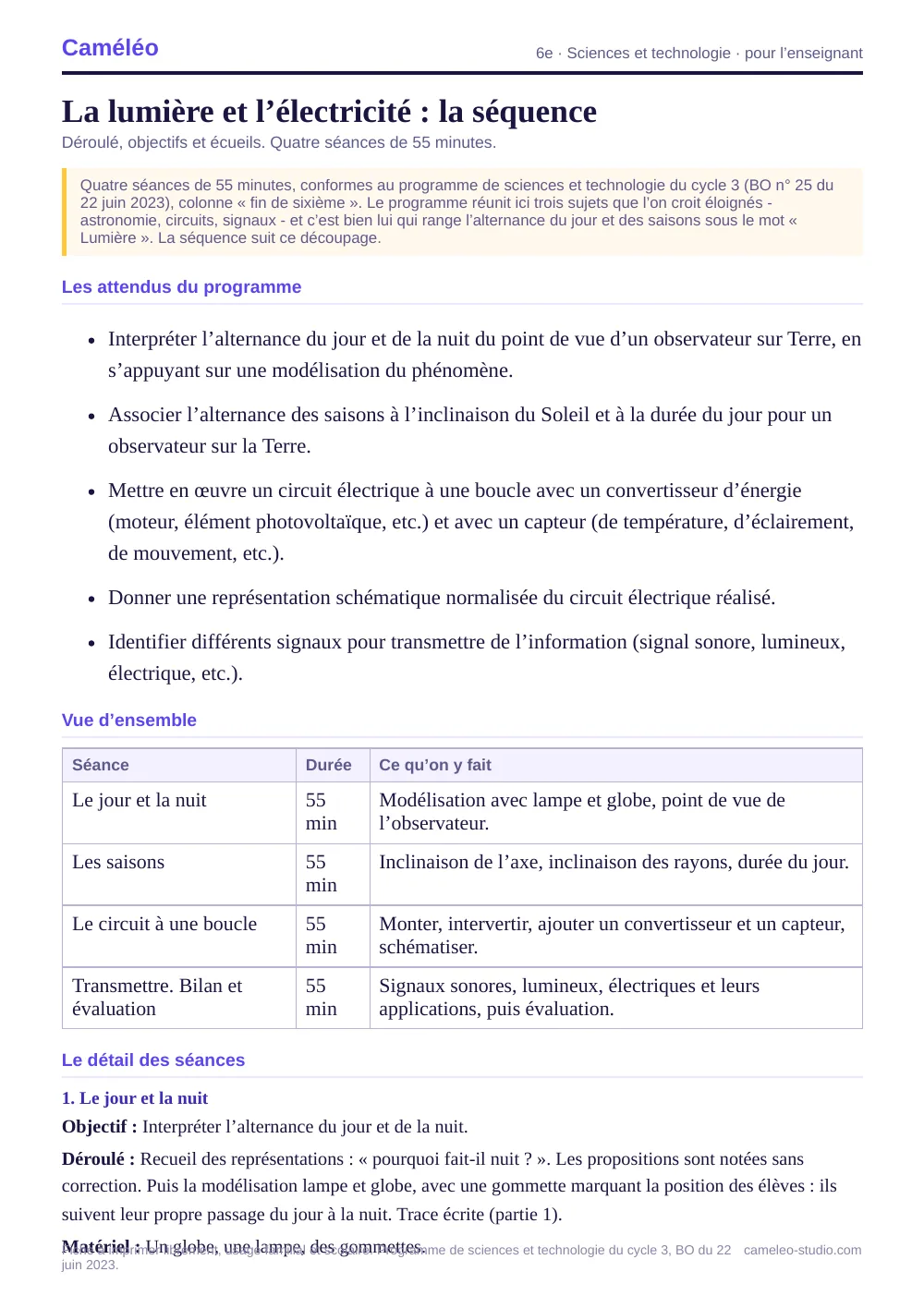 Séquence pour l’enseignant : La séquence complète, séance par séance, 6e