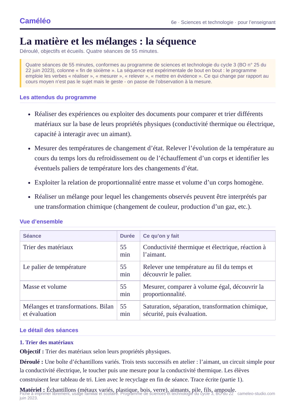 Séquence pour l’enseignant : La séquence complète, séance par séance, 6e