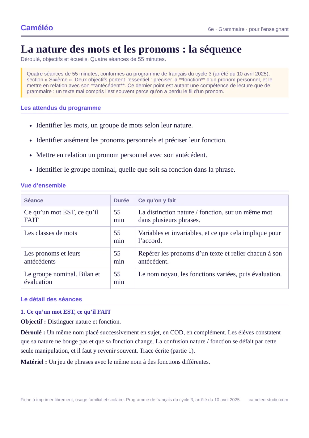 Séquence pour l’enseignant : La séquence complète, séance par séance, 6e