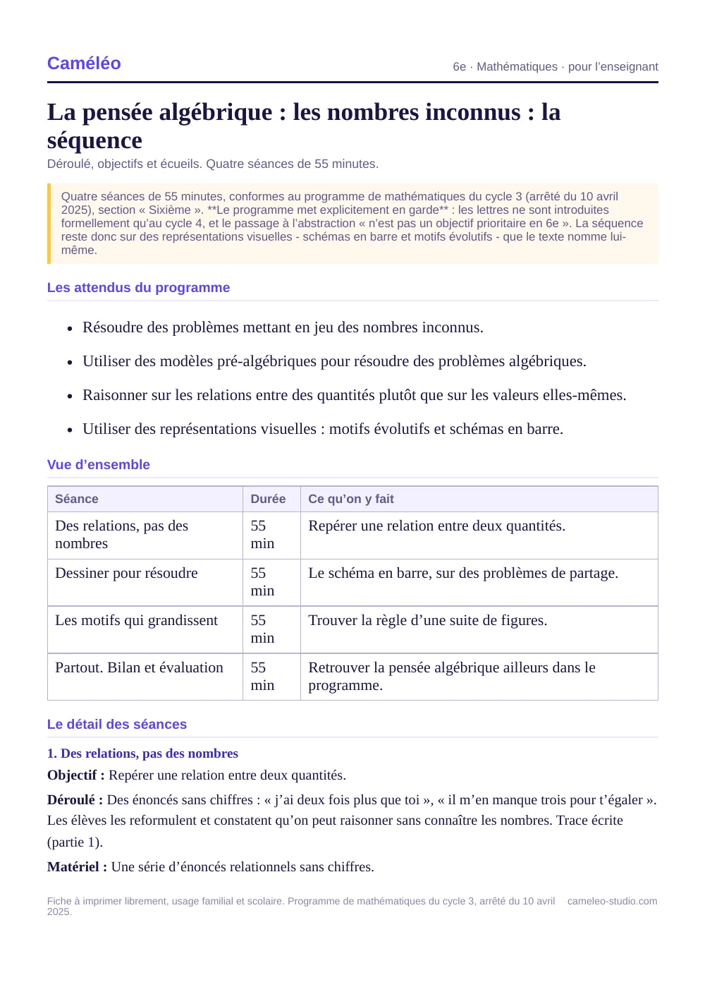 Séquence pour l’enseignant : La séquence complète, séance par séance, 6e
