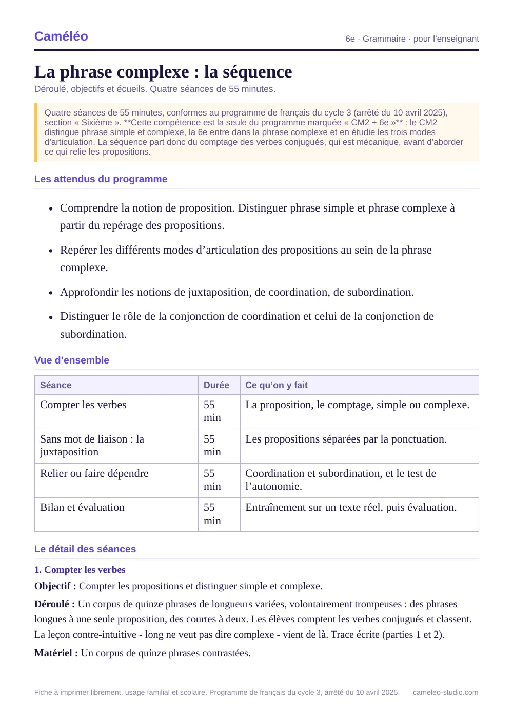 Séquence pour l’enseignant : La séquence complète, séance par séance, 6e