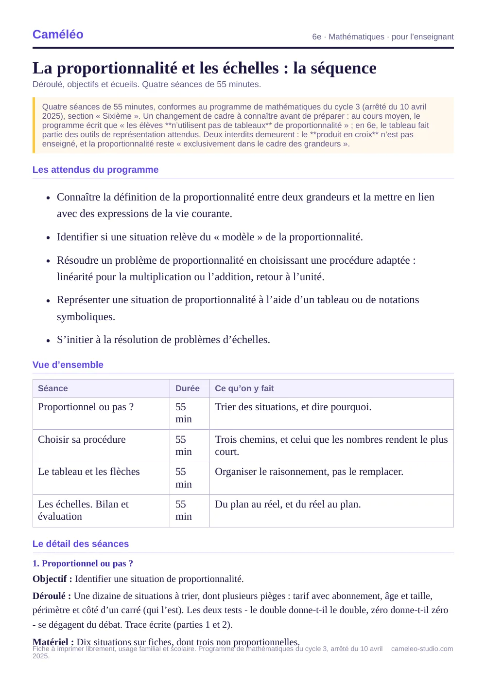 Séquence pour l’enseignant : La séquence complète, séance par séance, 6e