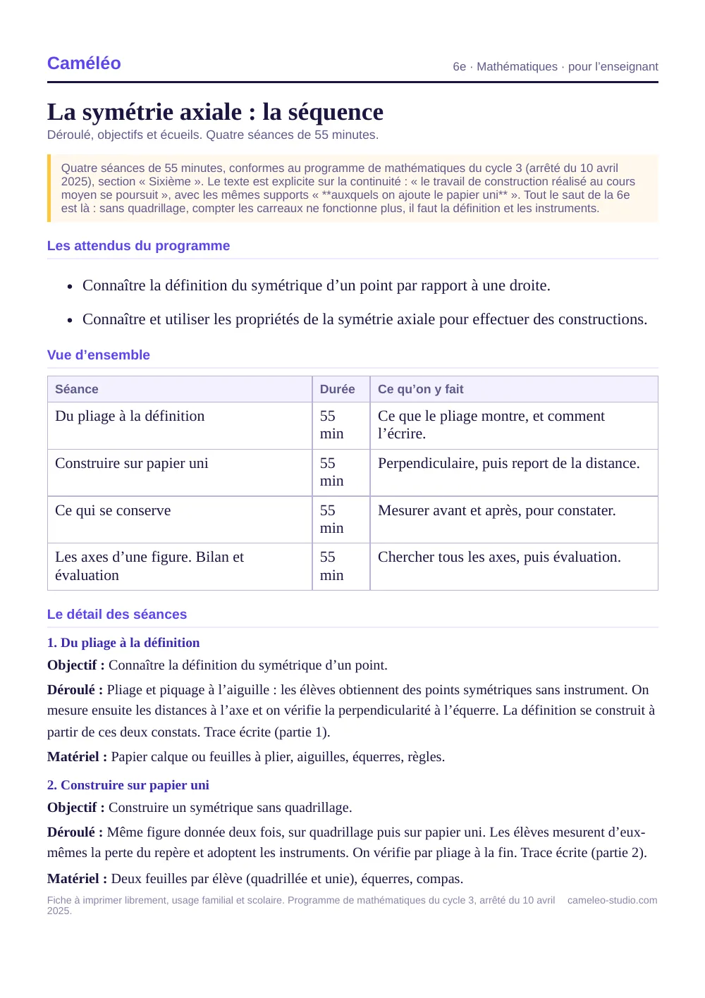 Séquence pour l’enseignant : La séquence complète, séance par séance, 6e