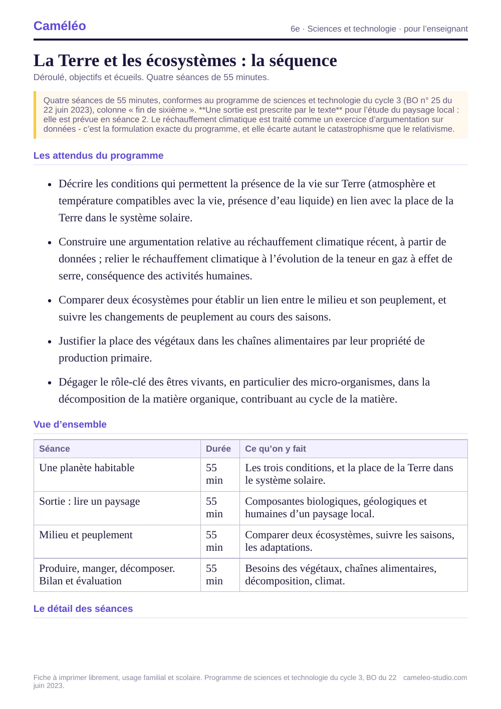 Séquence pour l’enseignant : La séquence complète, séance par séance, 6e