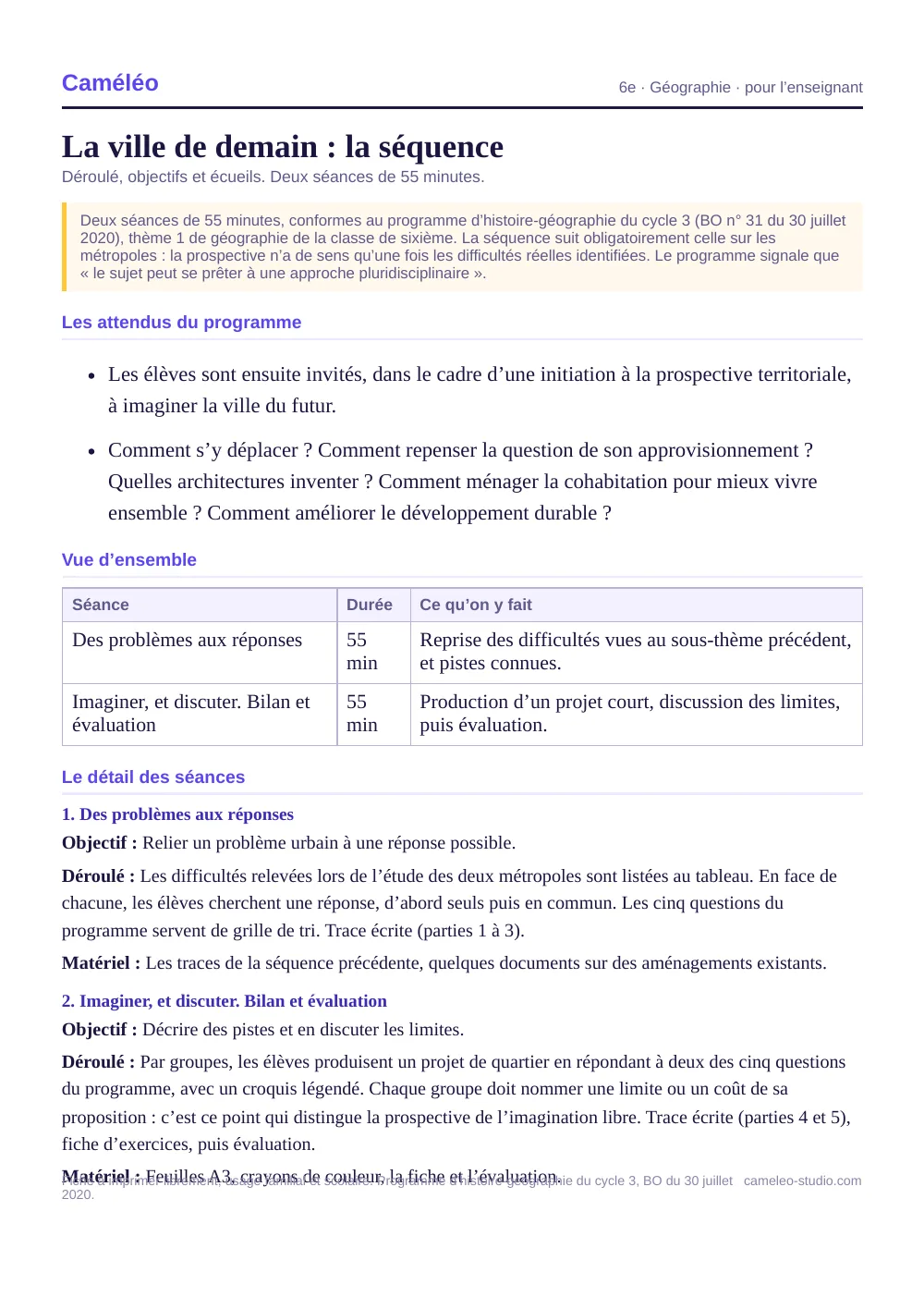 Séquence pour l’enseignant : La séquence complète, séance par séance, 6e