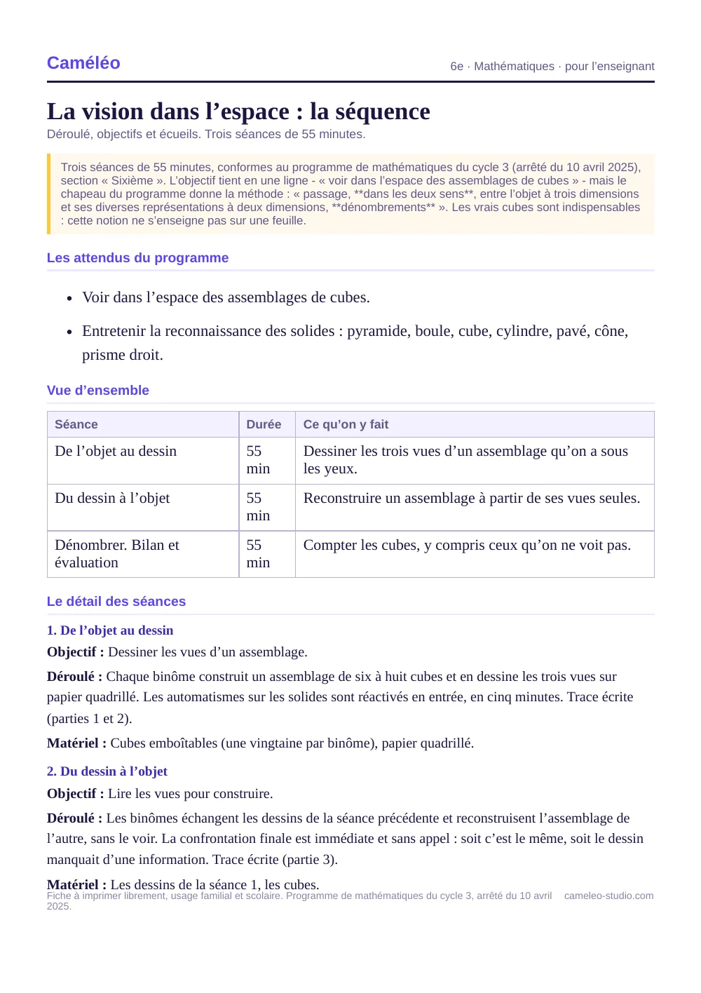 Séquence pour l’enseignant : La séquence complète, séance par séance, 6e