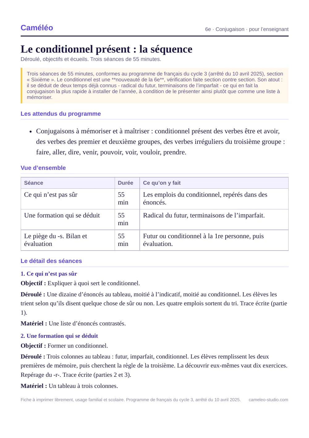 Séquence pour l’enseignant : La séquence complète, séance par séance, 6e