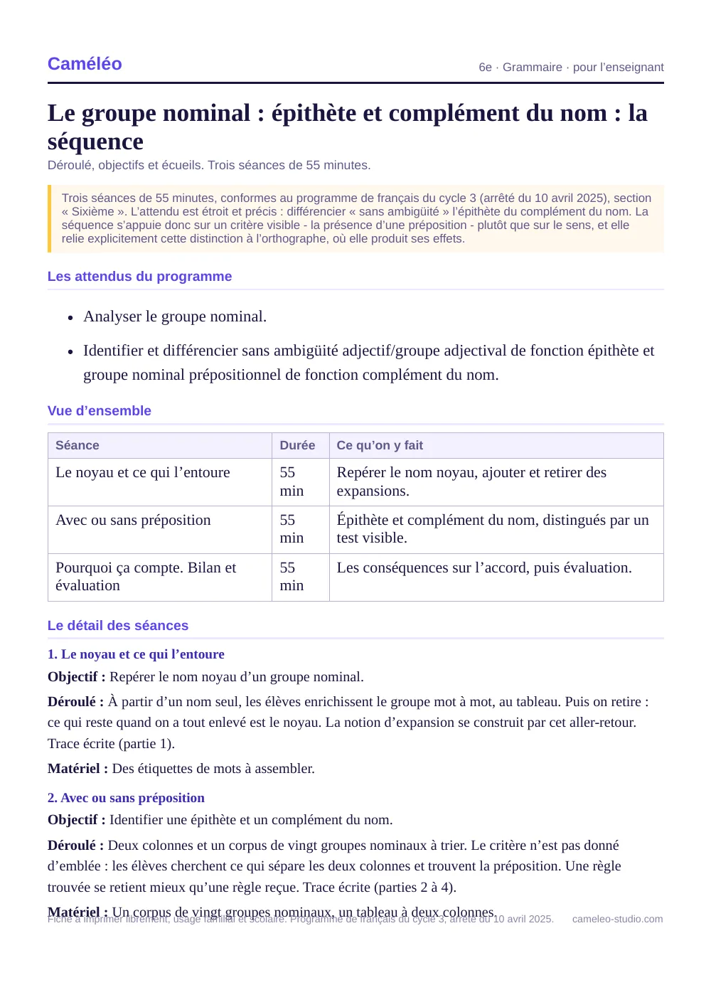 Séquence pour l’enseignant : La séquence complète, séance par séance, 6e