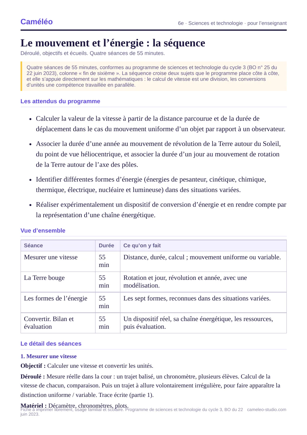 Séquence pour l’enseignant : La séquence complète, séance par séance, 6e