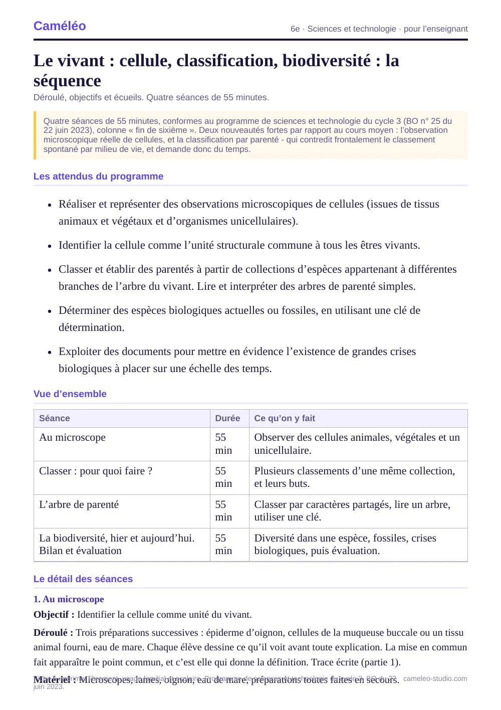 Séquence pour l’enseignant : La séquence complète, séance par séance, 6e