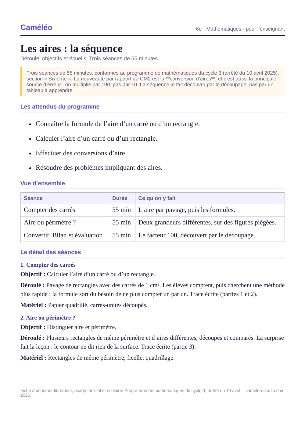 Séquence pour l’enseignant : La séquence complète, séance par séance, 6e