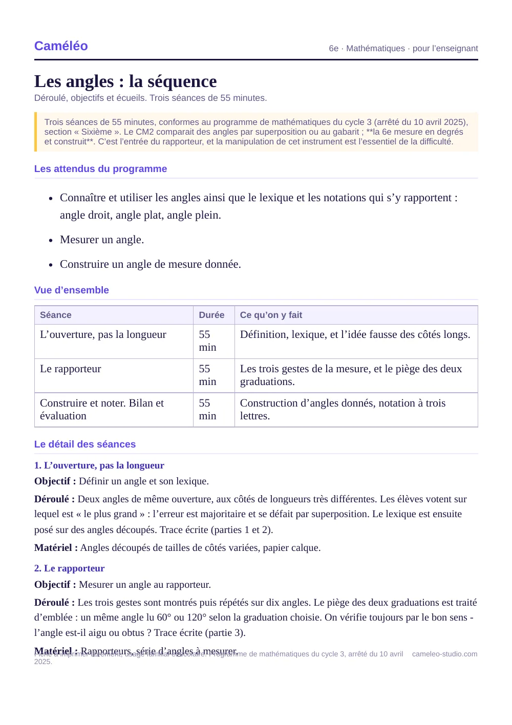 Séquence pour l’enseignant : La séquence complète, séance par séance, 6e
