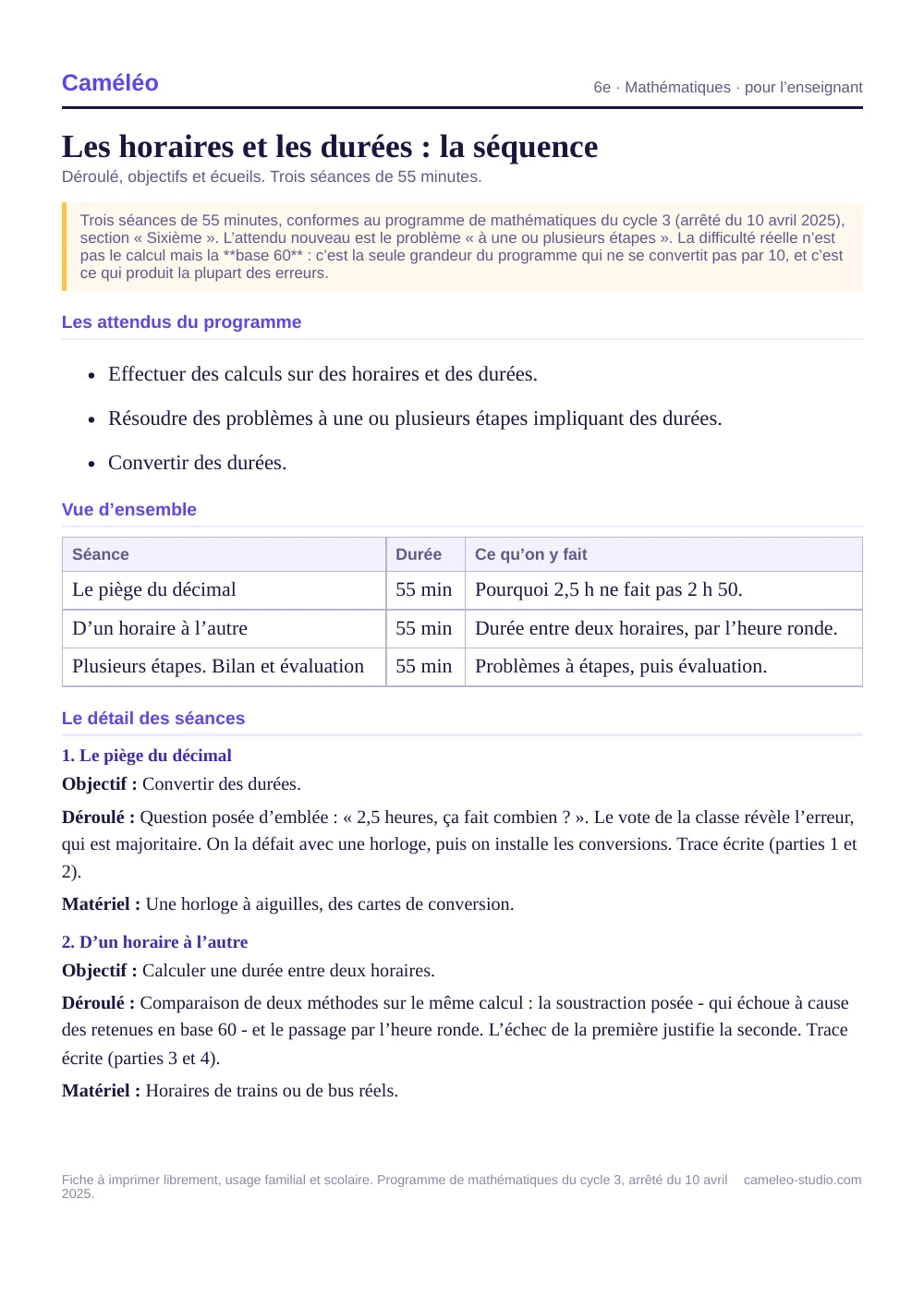 Séquence pour l’enseignant : La séquence complète, séance par séance, 6e