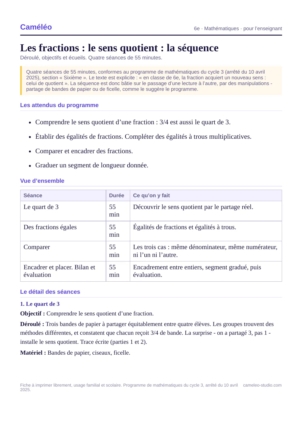 Séquence pour l’enseignant : La séquence complète, séance par séance, 6e