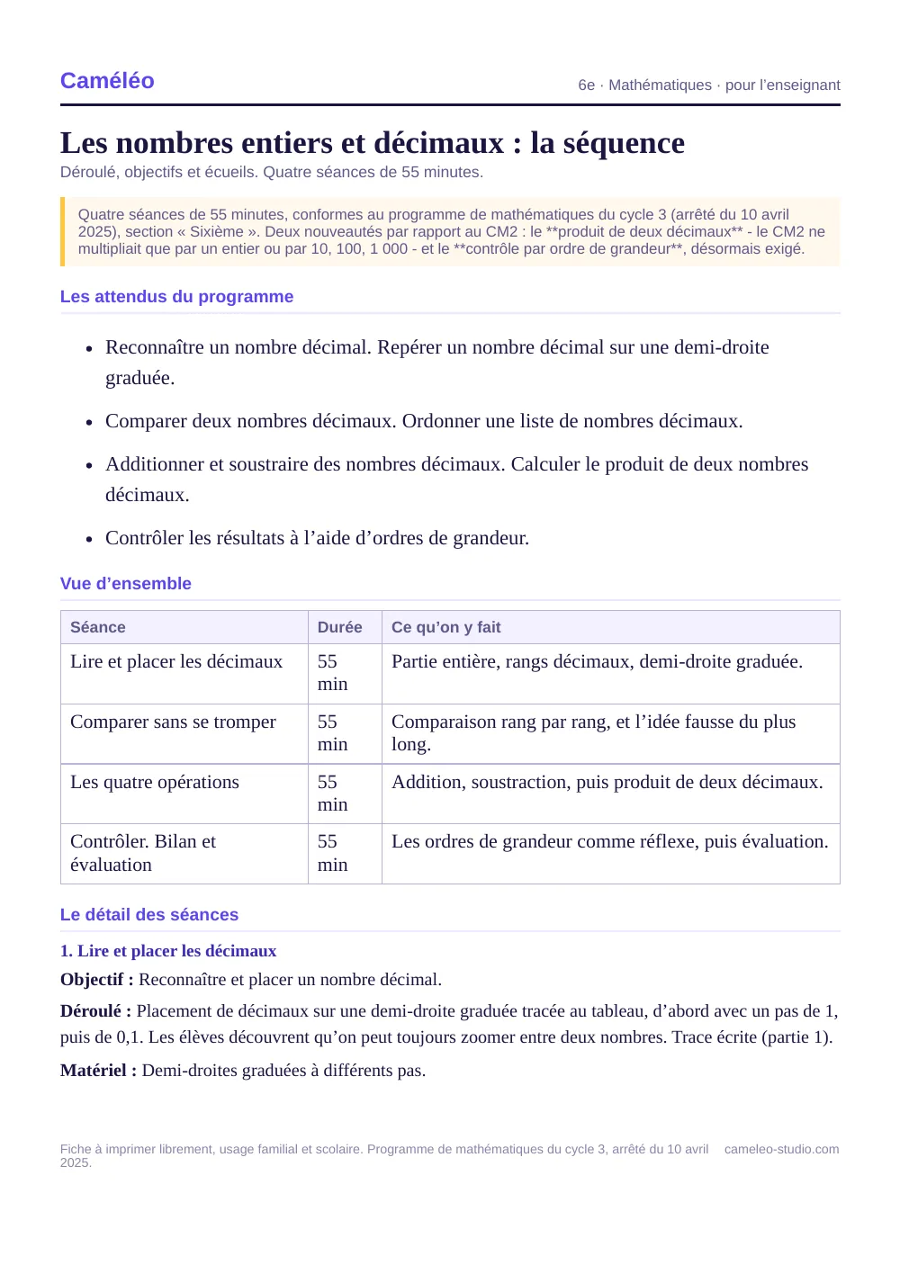 Séquence pour l’enseignant : La séquence complète, séance par séance, 6e