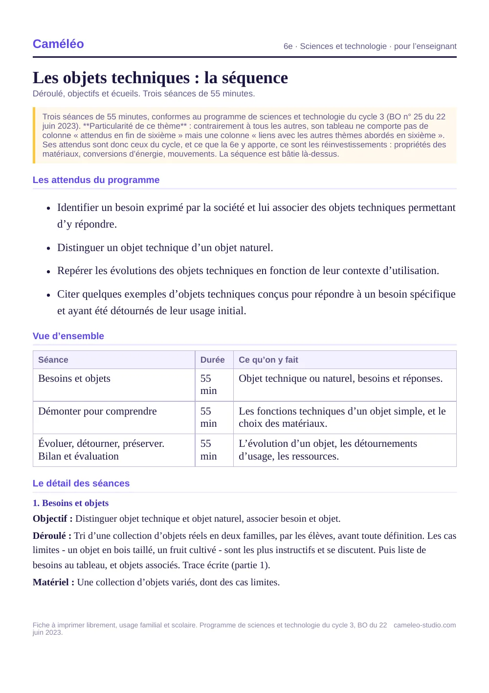 Séquence pour l’enseignant : La séquence complète, séance par séance, 6e