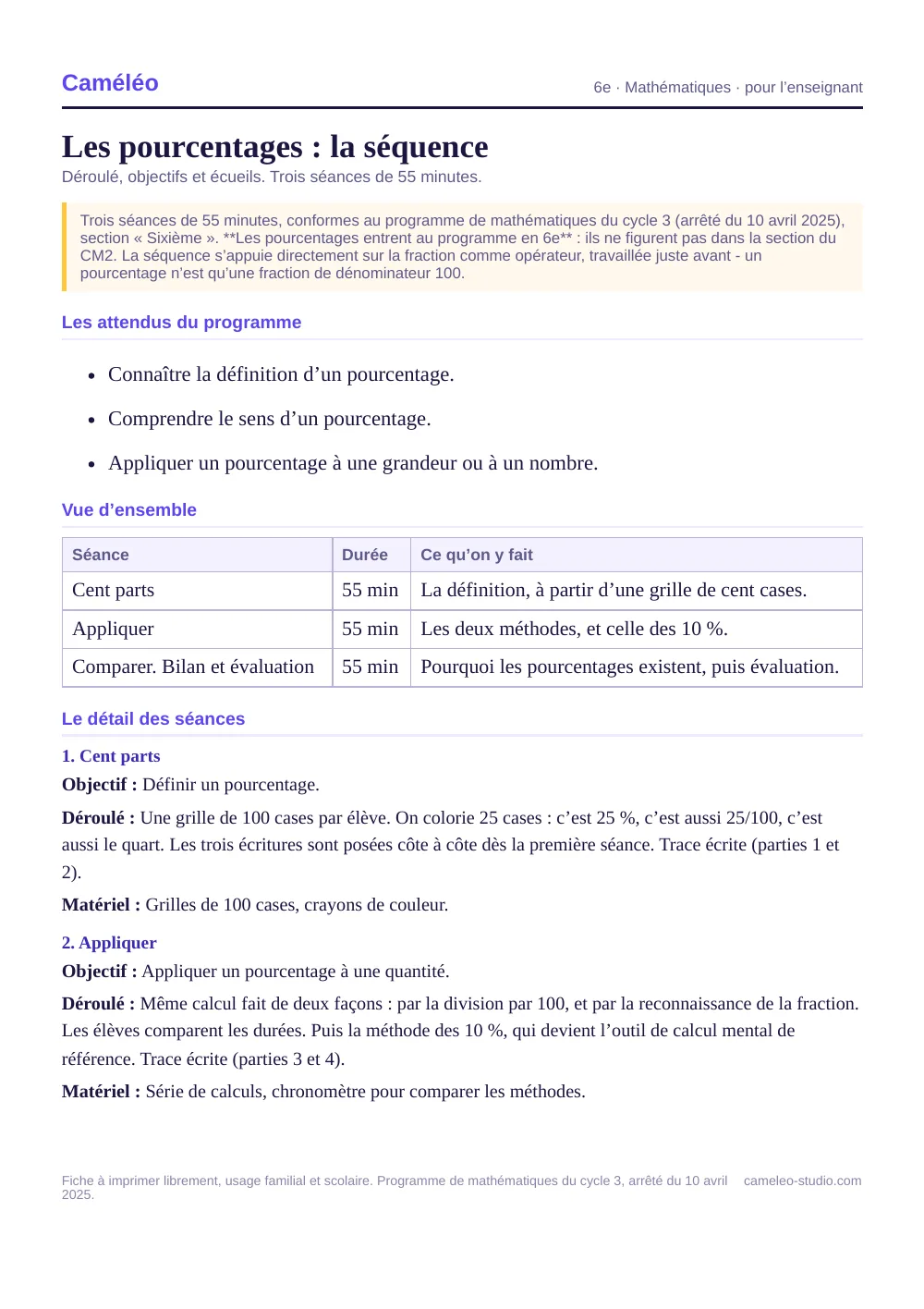 Séquence pour l’enseignant : La séquence complète, séance par séance, 6e