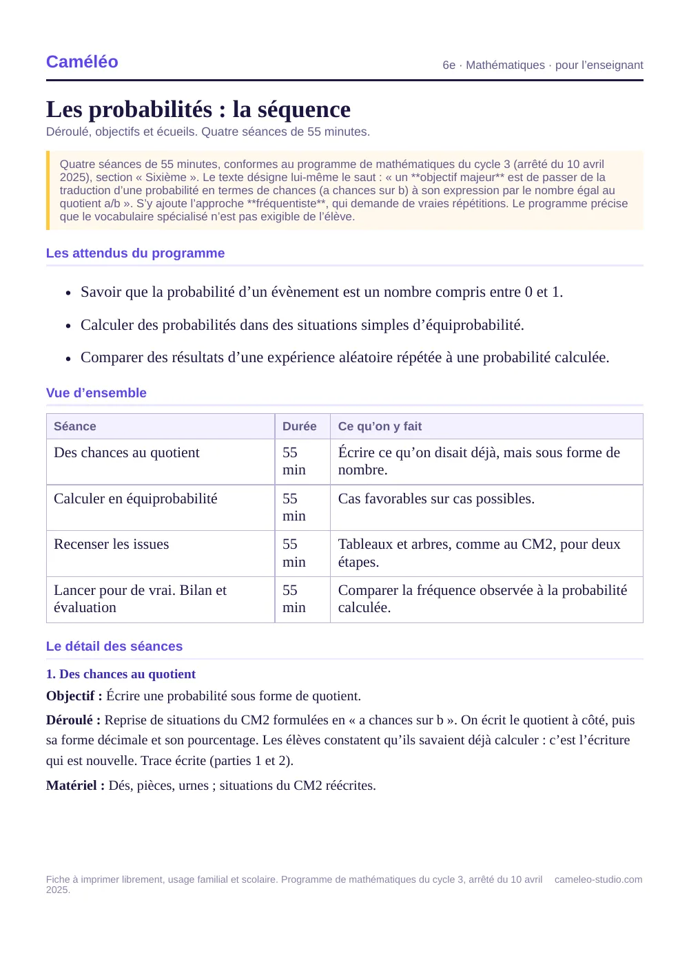 Séquence pour l’enseignant : La séquence complète, séance par séance, 6e