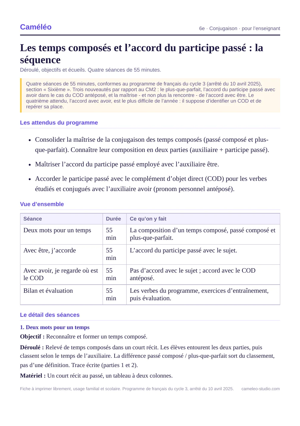 Séquence pour l’enseignant : La séquence complète, séance par séance, 6e