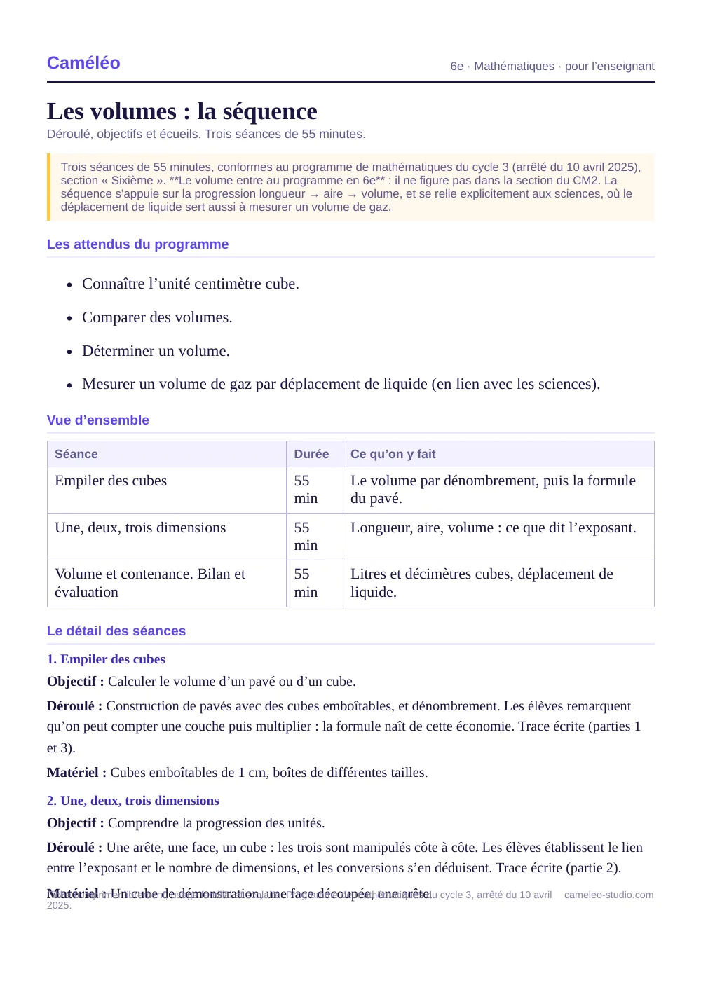 Séquence pour l’enseignant : La séquence complète, séance par séance, 6e