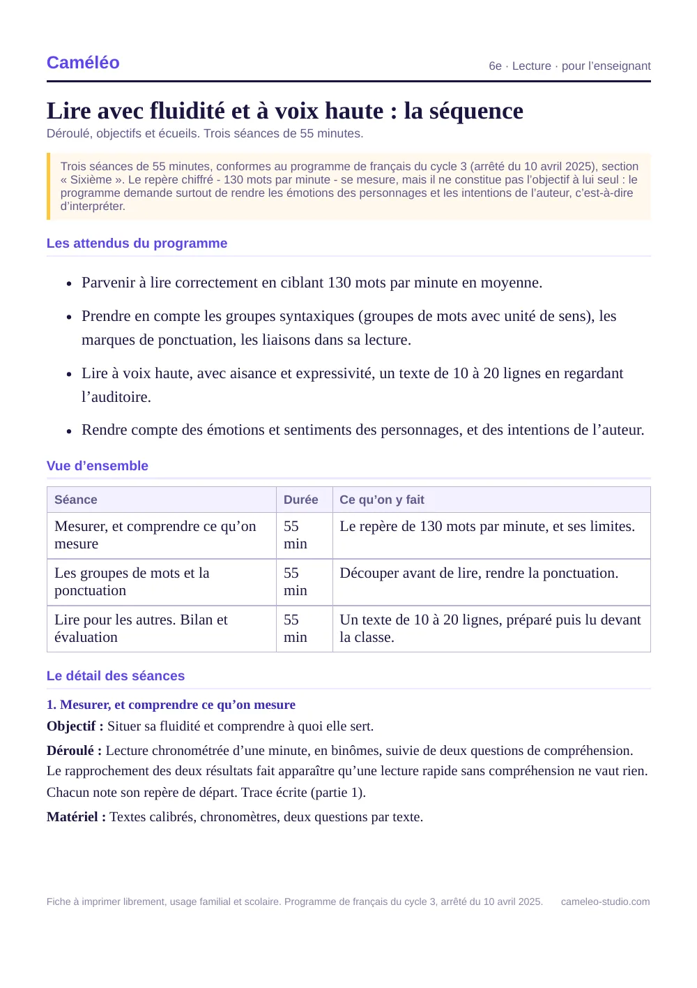 Séquence pour l’enseignant : La séquence complète, séance par séance, 6e