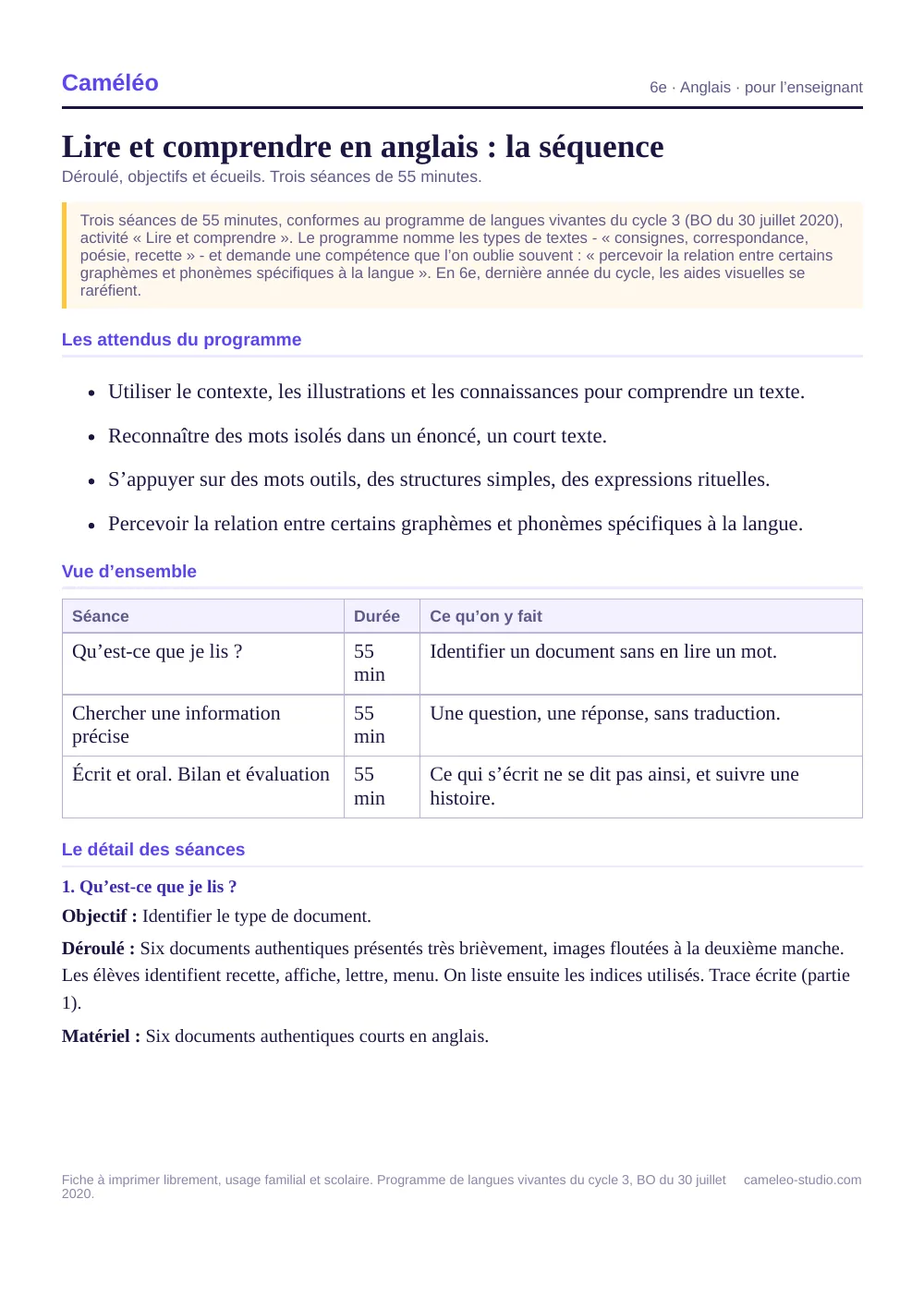 Séquence pour l’enseignant : La séquence complète, séance par séance, 6e